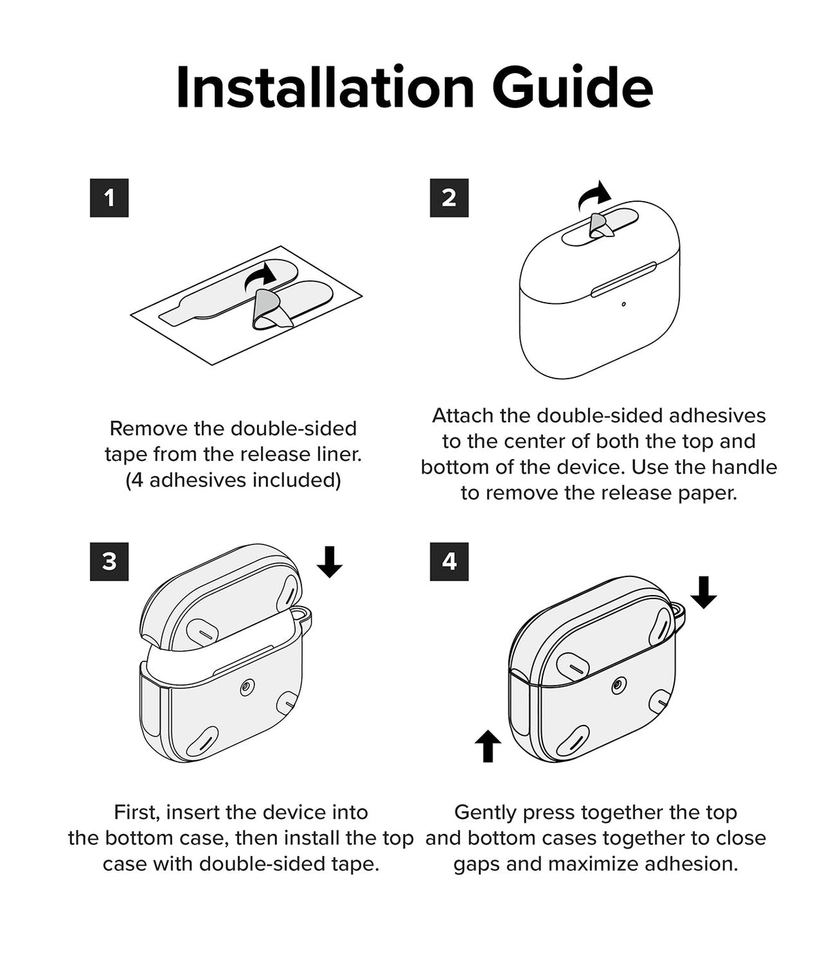 AirPods Pro 2 Case | Onyx - Four-step line art illustration showing how to apply adhesive strips and install a protective case.