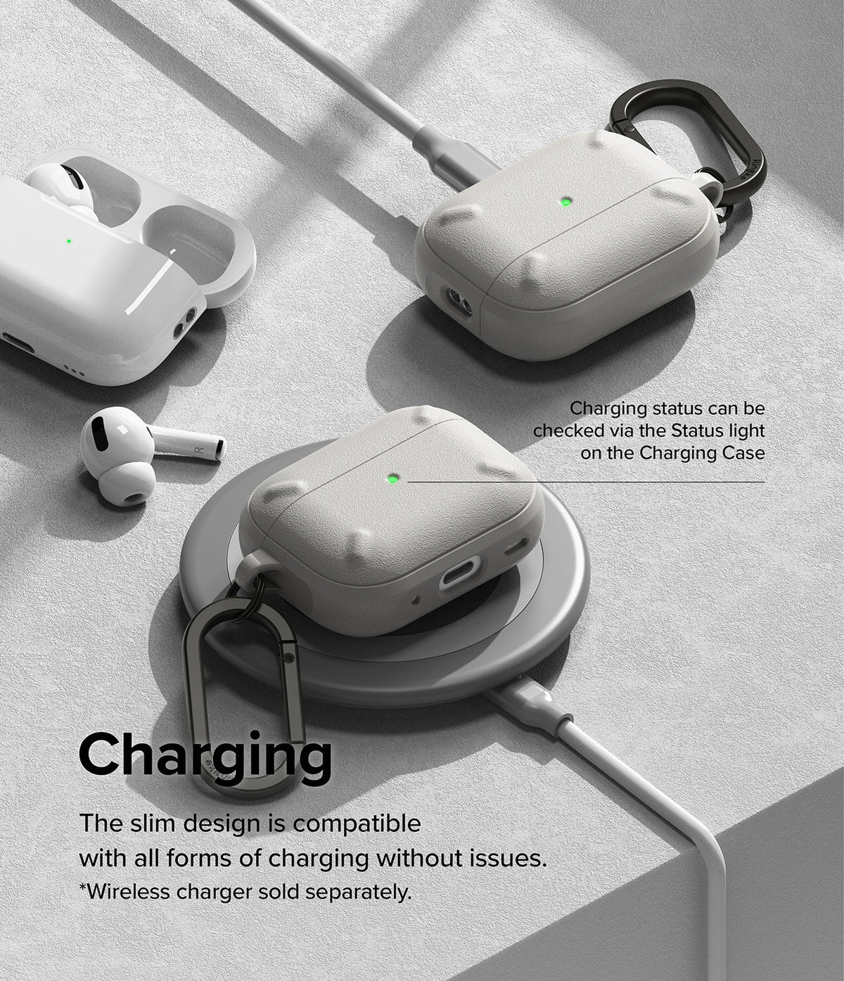 AirPods Pro 2 Case | Onyx - Onyx case on AirPods Pro 2 charging via cable and wireless pad with visible status light.