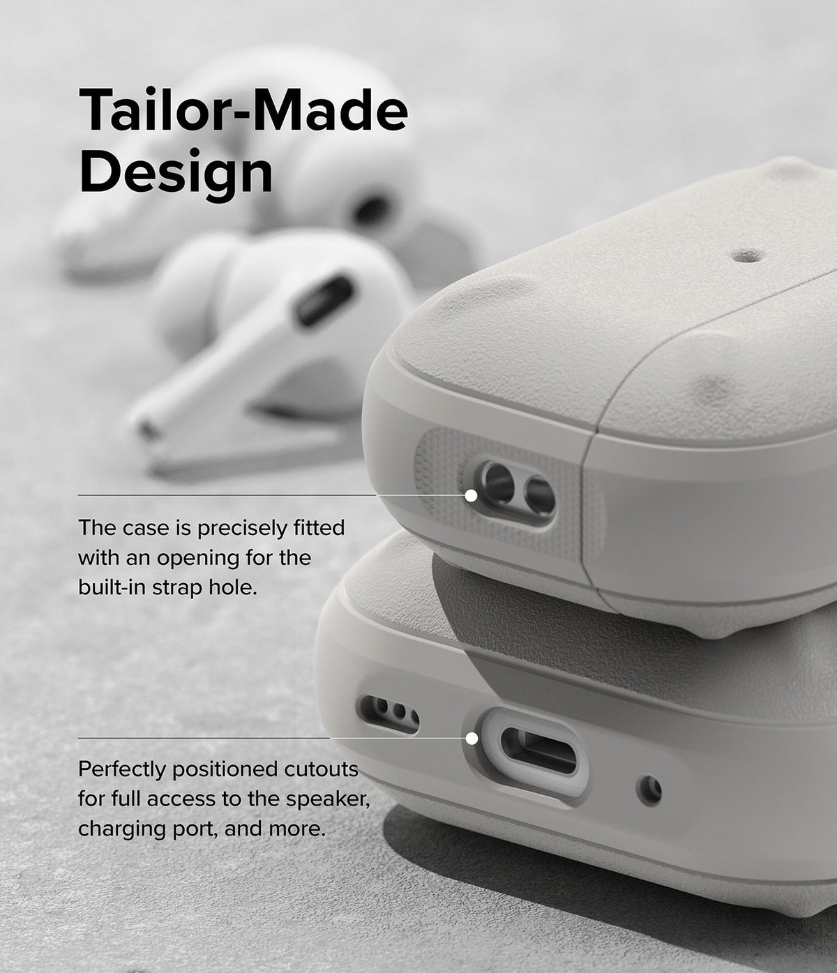 AirPods Pro 2 Case | Onyx - Close-up of textured case showing precise cutouts for the strap hole, speaker, and charging port.