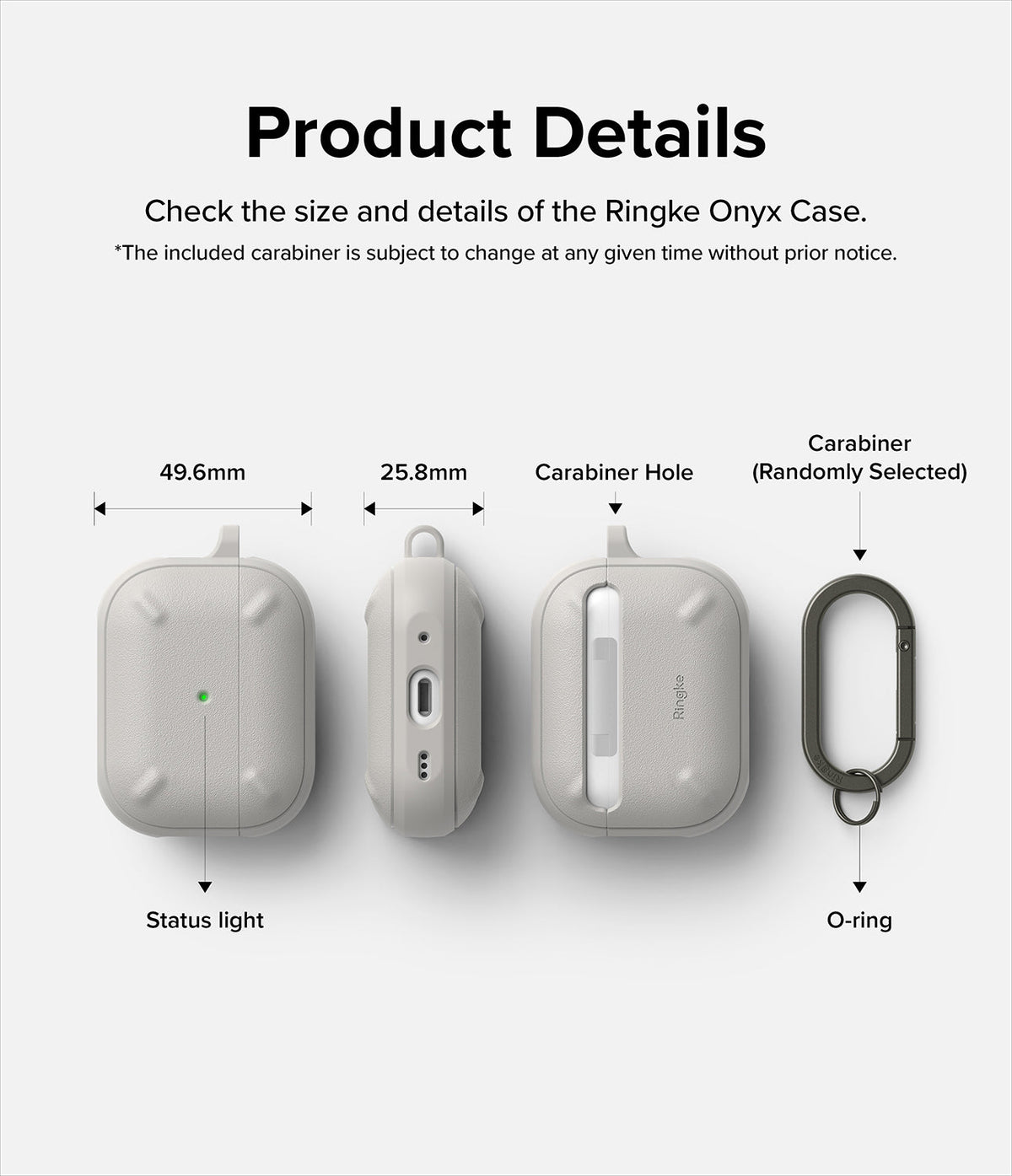 AirPods Pro 2 Case | Onyx - Technical diagram showing dimensions, status light, carabiner hole, and included carabiner.