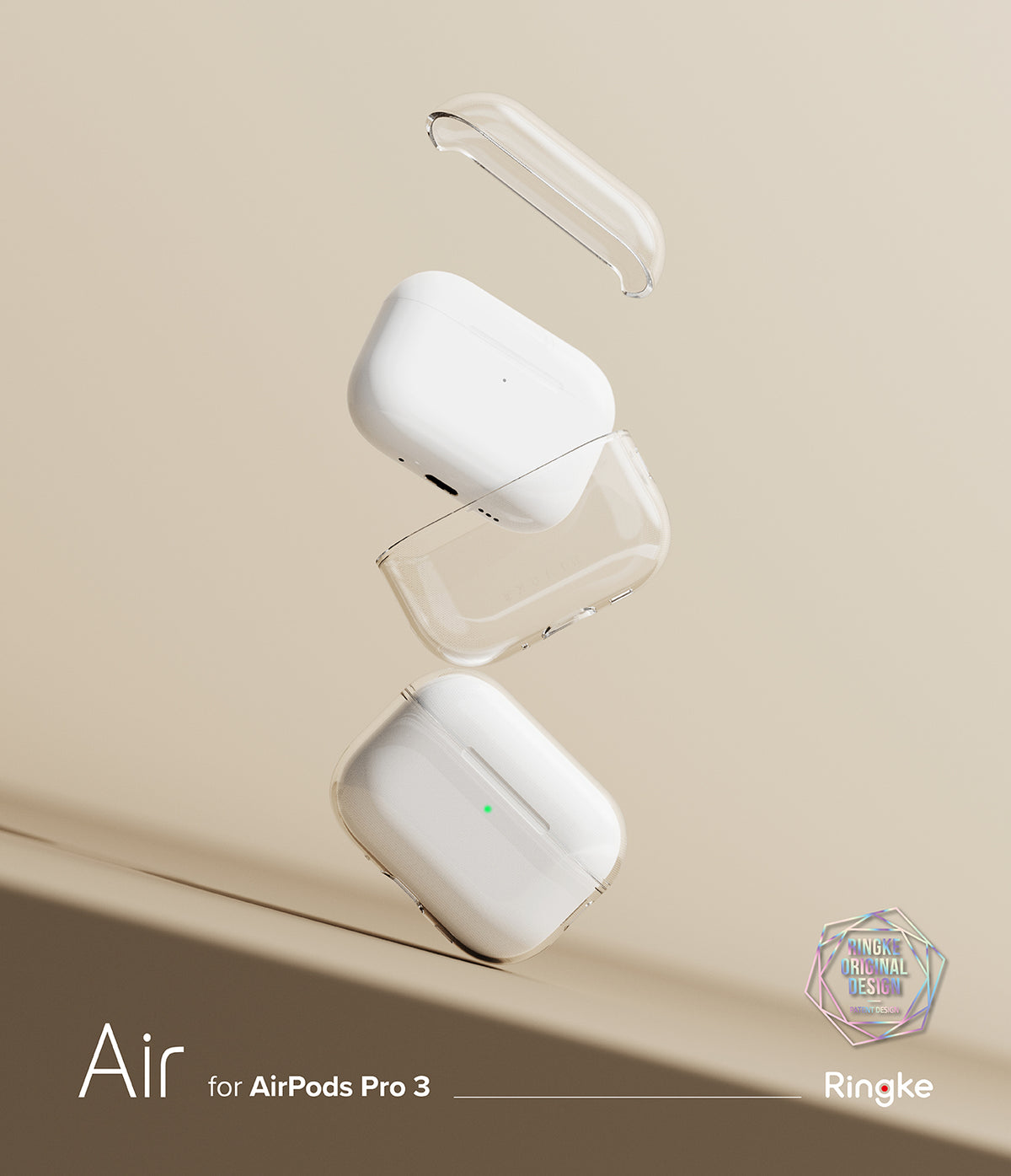 AirPods Pro 3 Case | Air - Clear protective case parts floating around white AirPods Pro 3 charging case on beige background.