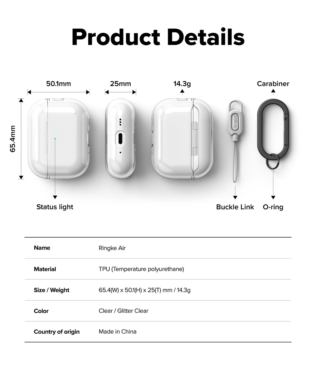 AirPods Pro 3 Case | Air - Technical diagram showing dimensions, weight, and components of a clear protective case.