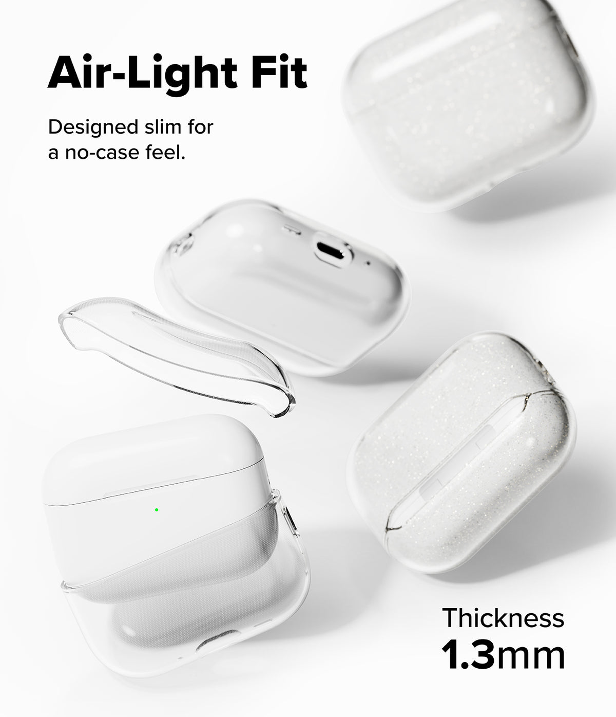 AirPods Pro 3 Case | Air - Clear, slim protective cases floating around an AirPods Pro charging case on a white background.