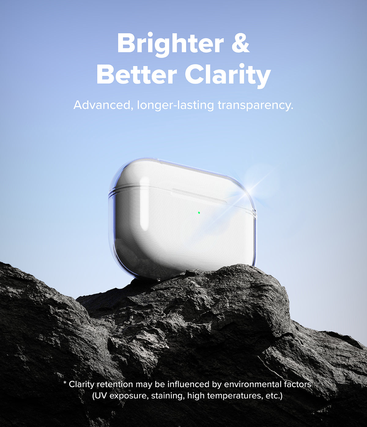 AirPods Pro 3 Case | Air - Clear AirPods Pro case resting on a jagged rock against a blue sky with text about clarity.
