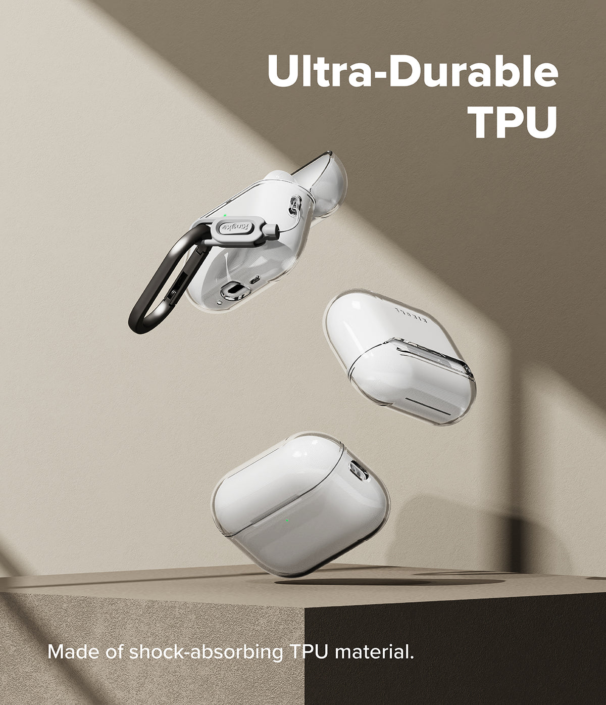 AirPods Pro 3 Case | Air - Three clear TPU cases for AirPods Pro 3 floating against a beige background with text.