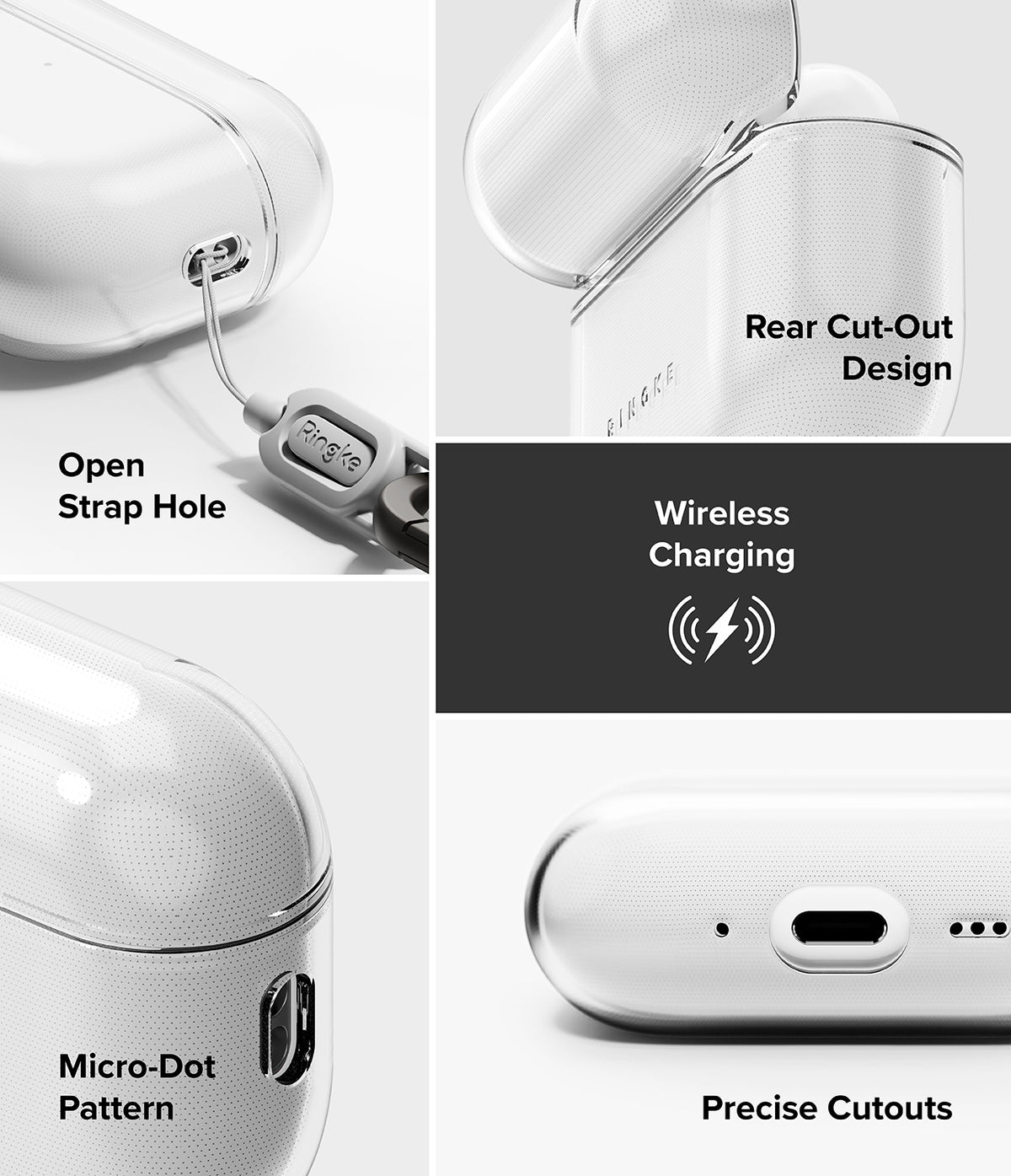 AirPods Pro 3 Case | Air - Clear case features a strap hole, rear hinge cutout, wireless charging, micro-dots, and port access.