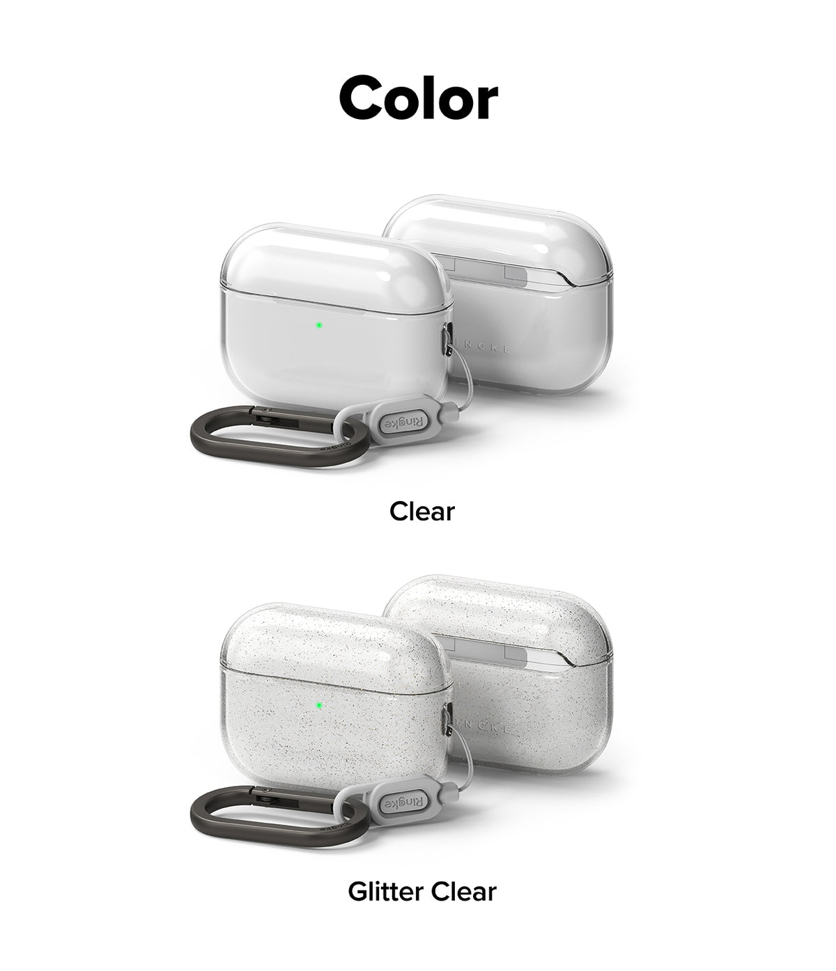 AirPods Pro 3 Case | Air - Clear and glitter clear protective cases with carabiners shown against a white background.