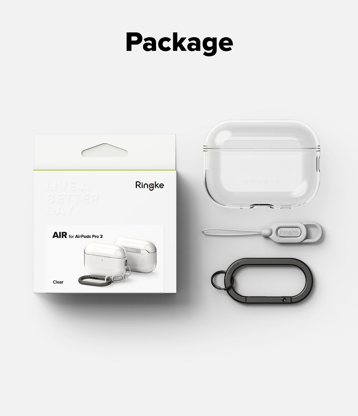 AirPods Pro 3 Case | Air - Clear protective case, grey lanyard, and black carabiner shown with its retail packaging.