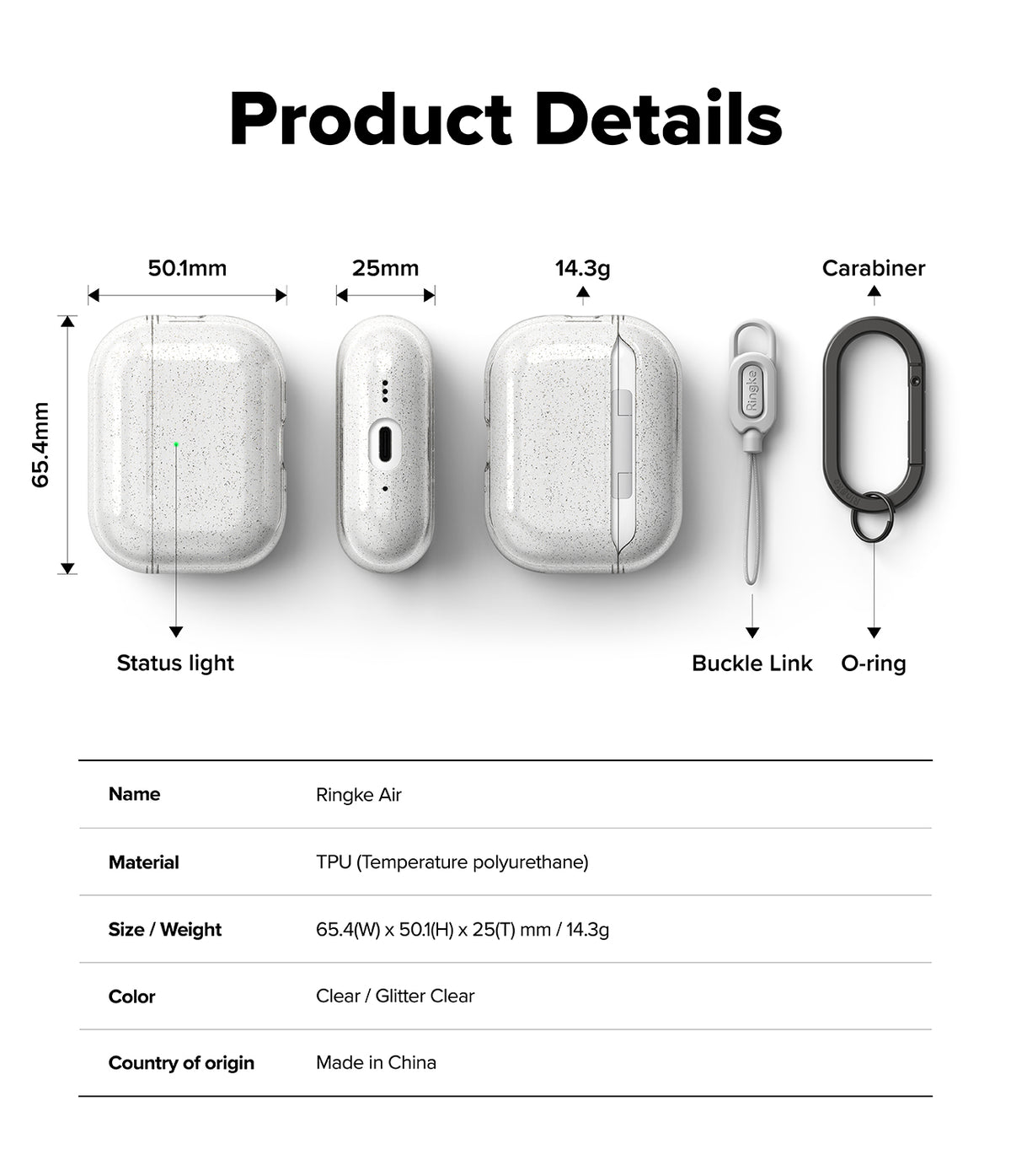 AirPods Pro 3 Case | Air - Technical diagram showing dimensions, weight, and components of a glittery clear AirPods case.