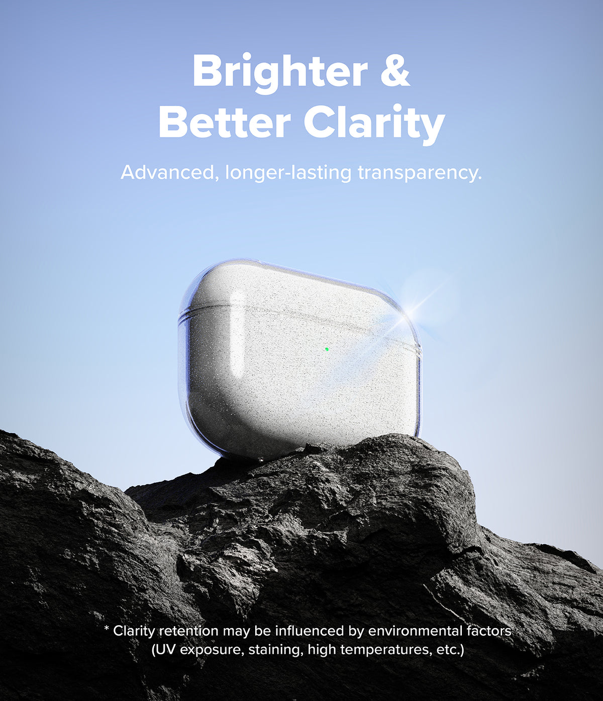 AirPods Pro 3 Case | Air - A clear AirPods Pro case resting on a dark rock against a blue sky with text about clarity.