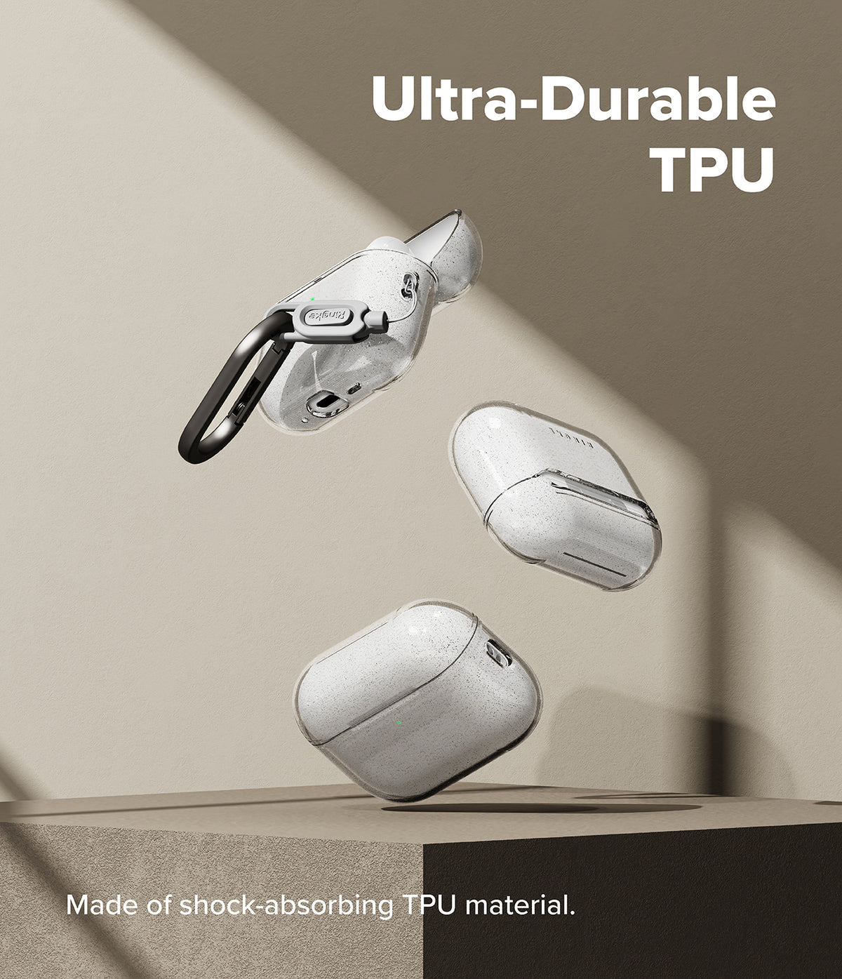 AirPods Pro 3 Case | Air - Three clear, glittery TPU cases for AirPods Pro 3 floating against a neutral background.