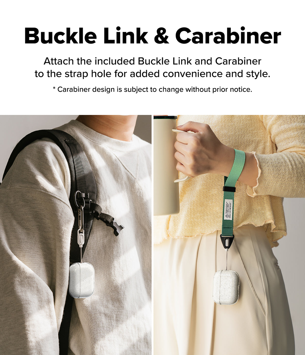 AirPods Pro 3 Case | Air - AirPods Pro case attached to a backpack via carabiner and a wrist strap held by a person.