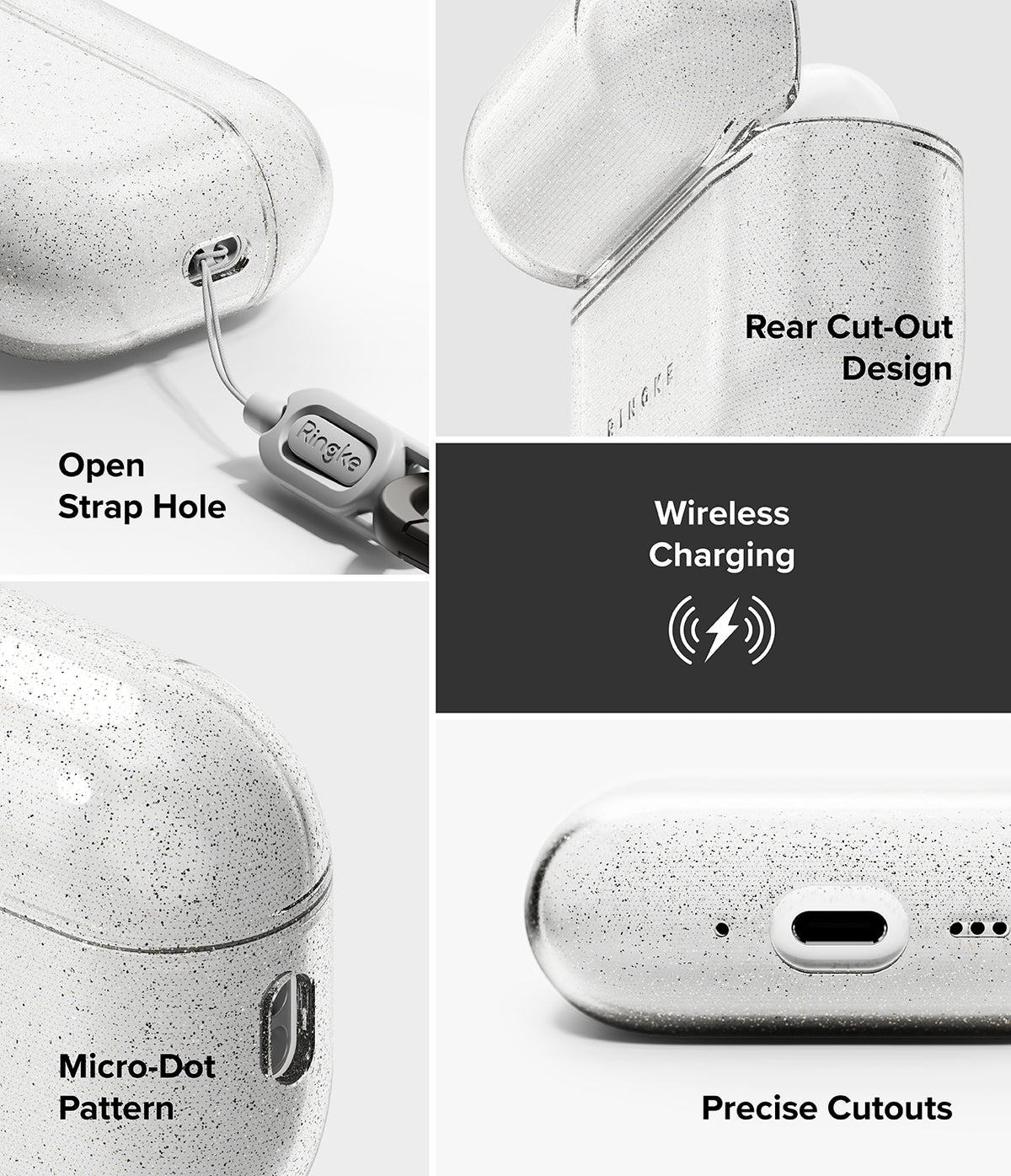 AirPods Pro 3 Case | Air - Speckled clear case showing strap hole, rear hinge, wireless charging, and precise port cutouts.