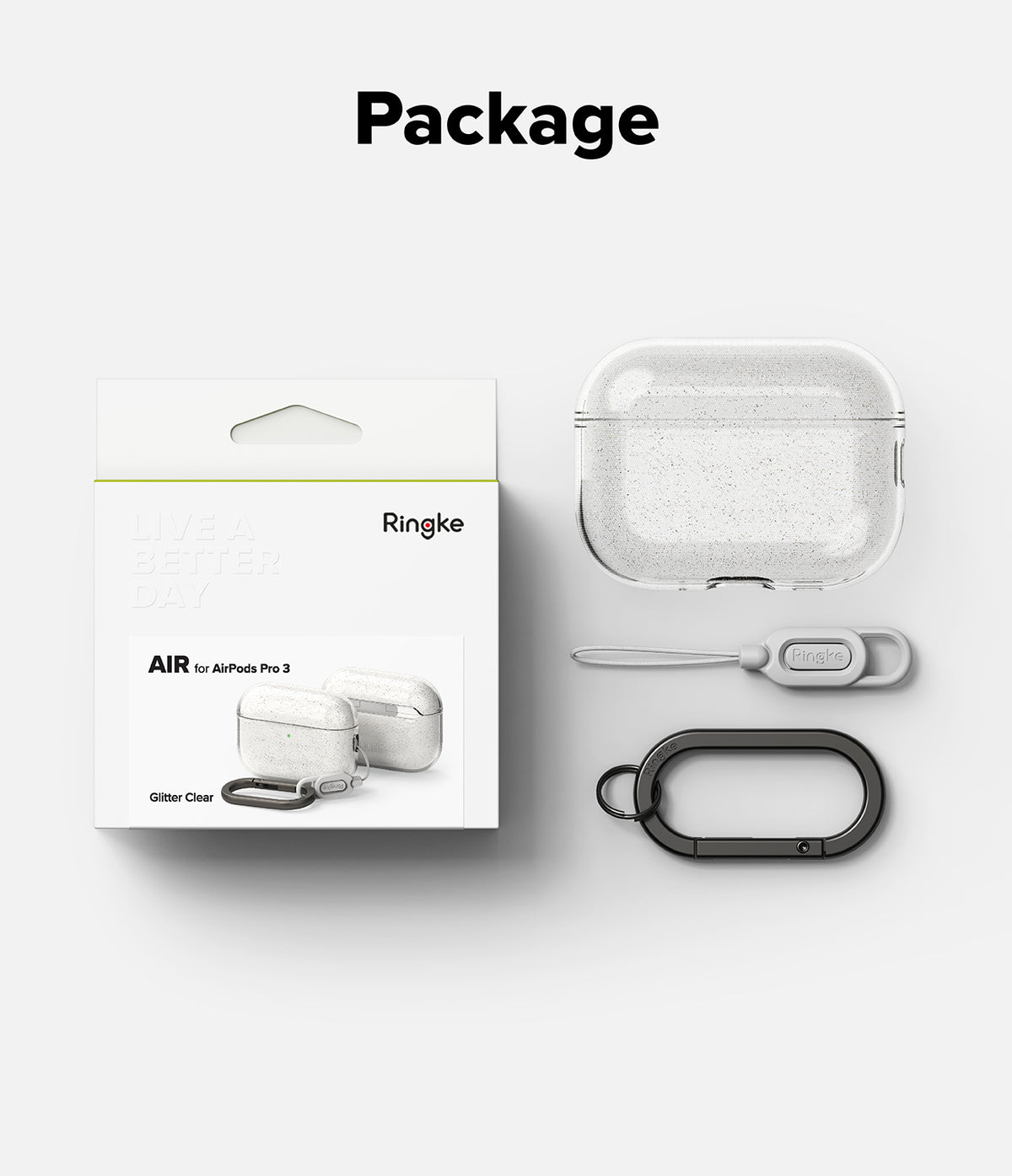 AirPods Pro 3 Case | Air - Glitter clear protective case, gray lanyard, and black carabiner with retail packaging.