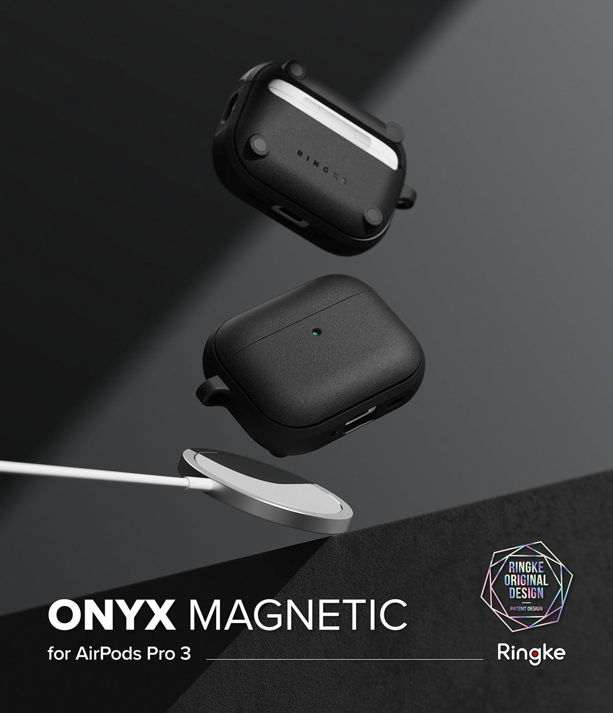 AirPods Pro 3 Case | Onyx Magnetic - Two black textured cases floating above a magnetic wireless charger on a dark background.