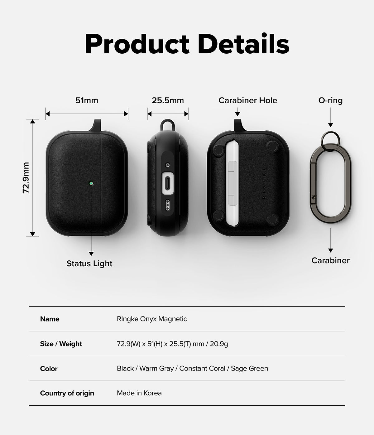 AirPods Pro 3 Case | Onyx Magnetic - Technical diagram showing dimensions, features, and specifications of the black case.