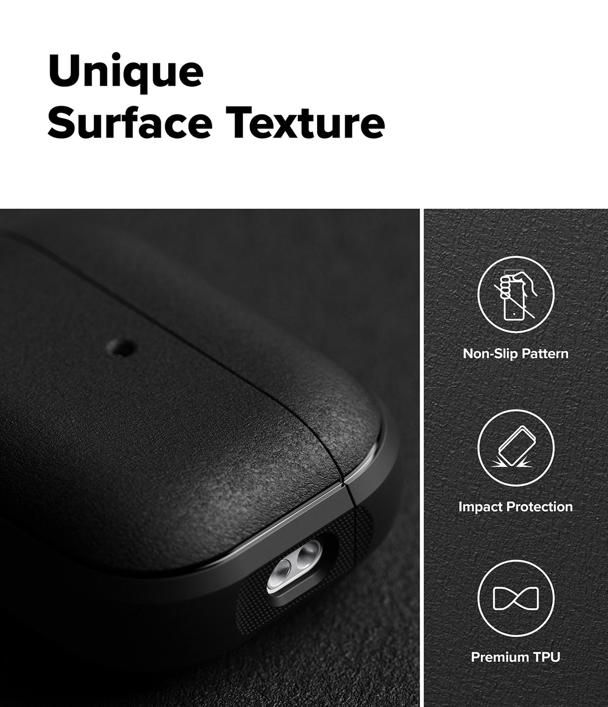 AirPods Pro 3 Case | Onyx Magnetic - Textured black case with icons for non-slip, impact protection, and premium TPU.