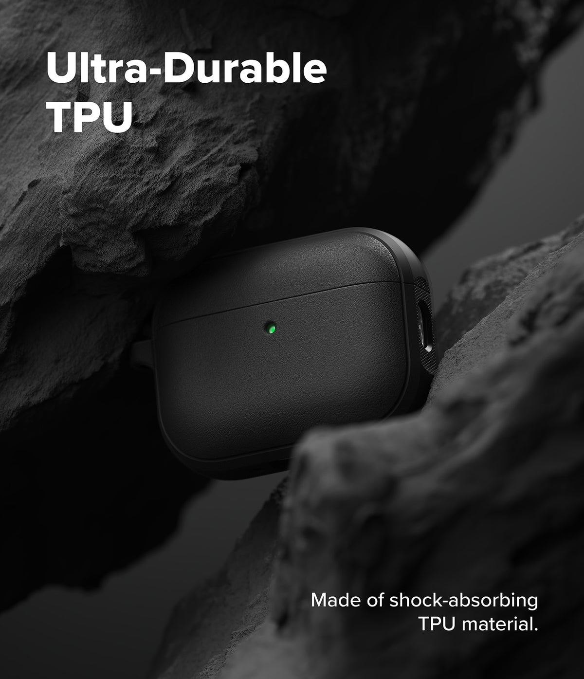 AirPods Pro 3 Case | Onyx Magnetic - Black textured AirPods Pro case nestled in dark rock with a glowing green status light.