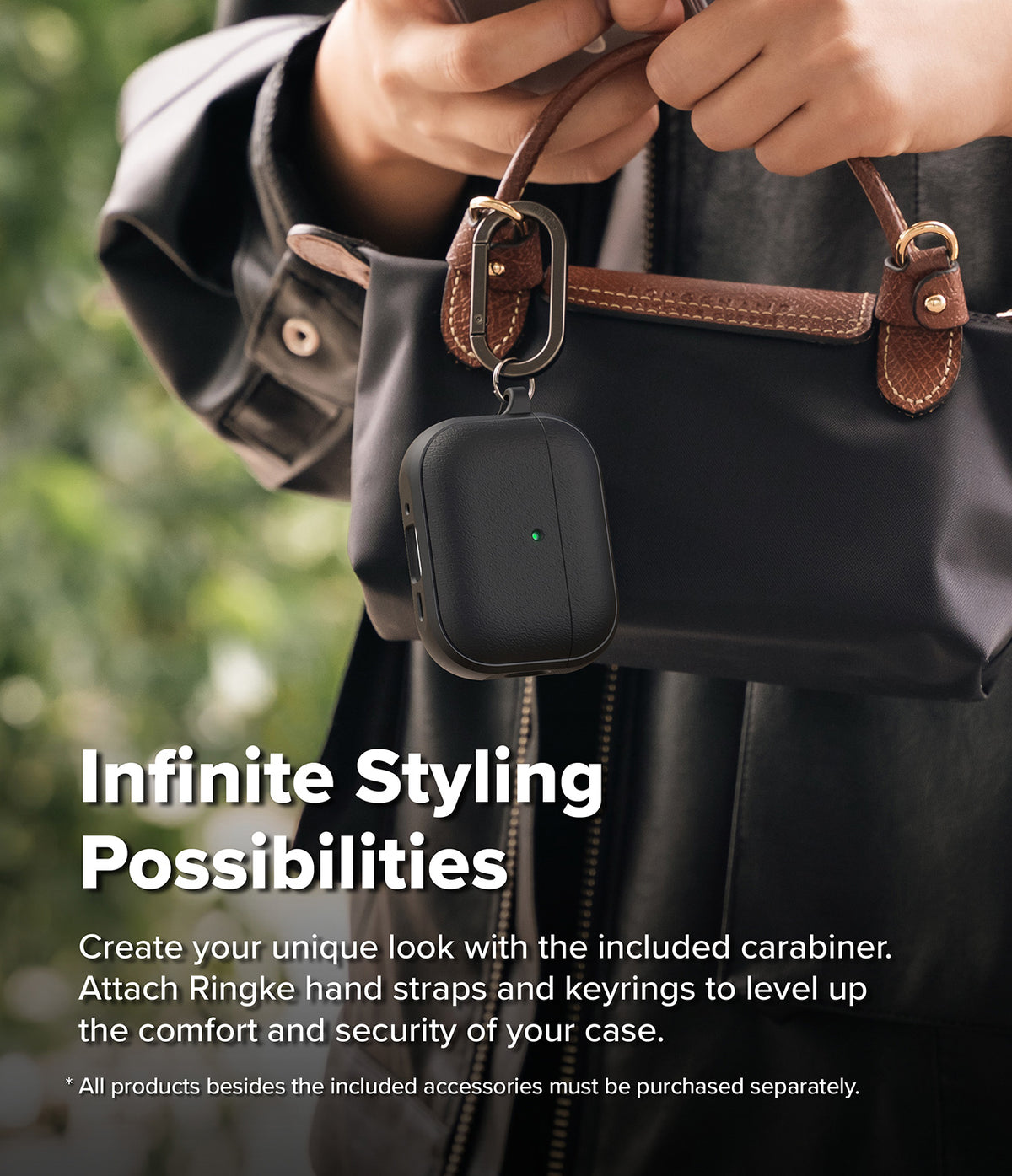 AirPods Pro 3 Case | Onyx Magnetic - Black leather AirPods case with a carabiner attached to a handbag handle.