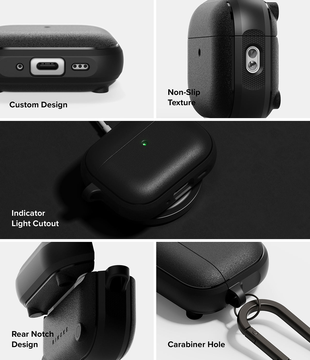 AirPods Pro 3 Case | Onyx Magnetic - Six-panel collage showing case features: charging port, texture, light, hinge, and carabiner.