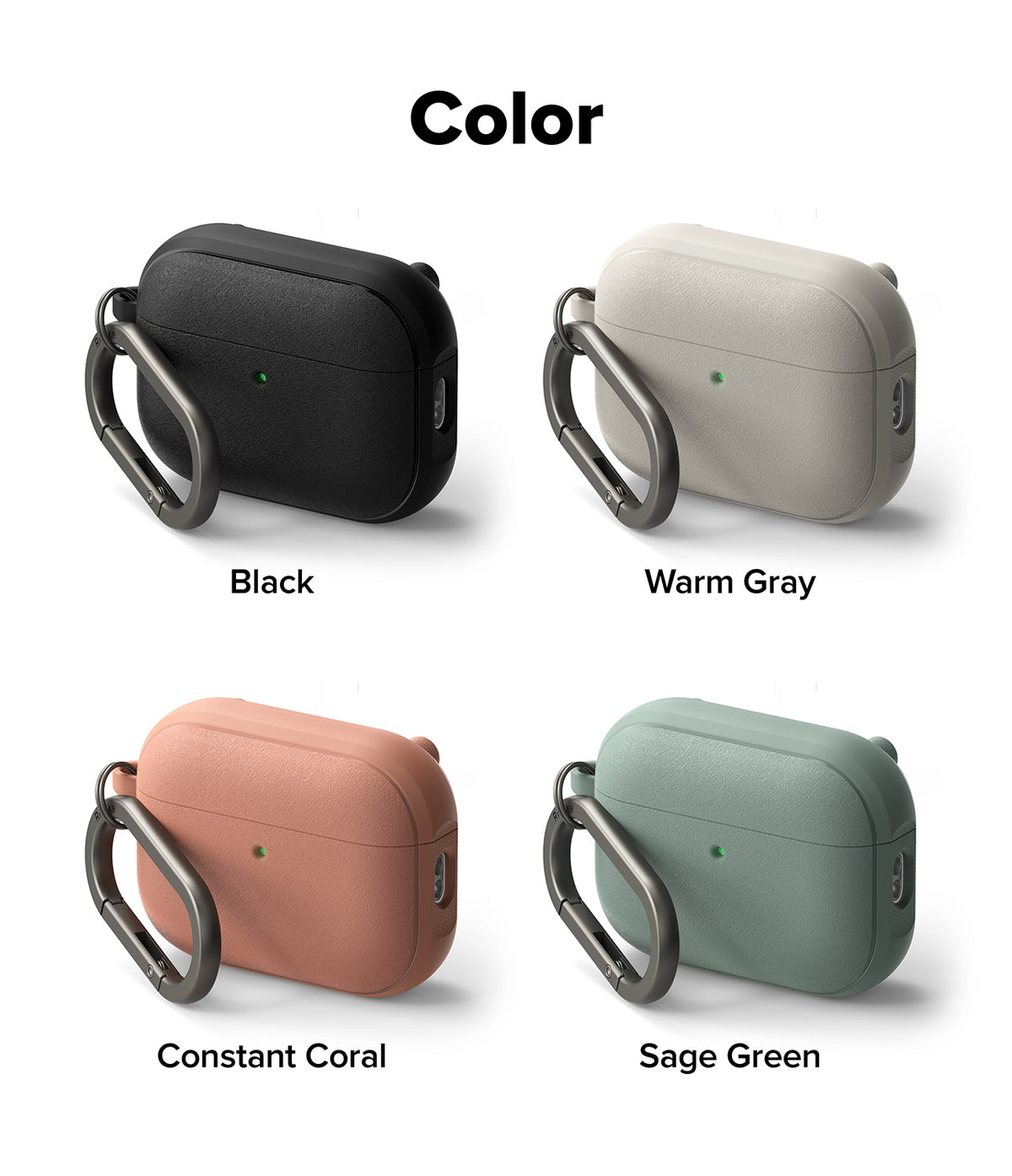 AirPods Pro 3 Case | Onyx Magnetic - Four AirPods Pro cases with carabiners in black, warm gray, constant coral, and sage green.