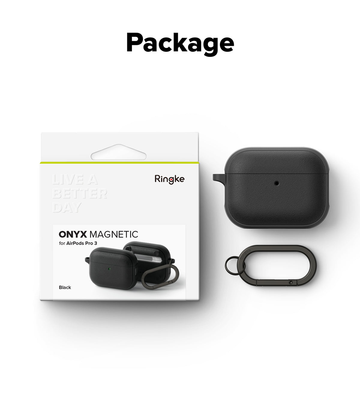AirPods Pro 3 Case | Onyx Magnetic - Black protective case for AirPods Pro 3 with a matching carabiner and retail packaging.