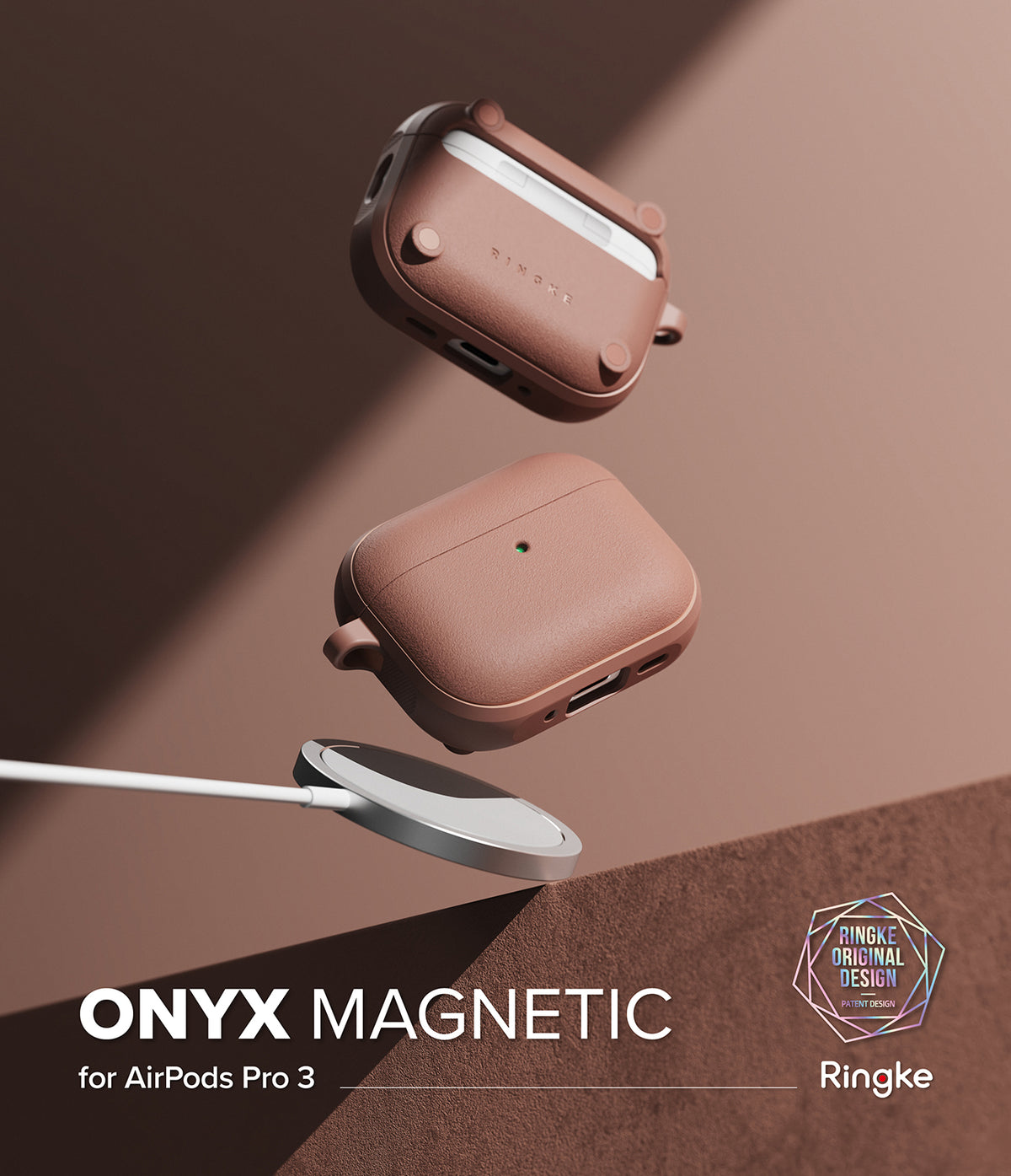 AirPods Pro 3 Case | Onyx Magnetic - Two matte brown AirPods Pro cases floating above a magnetic wireless charger.