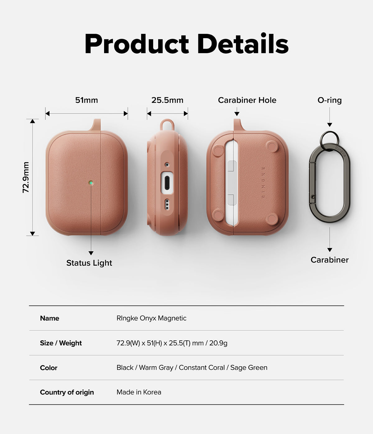 AirPods Pro 3 Case | Onyx Magnetic - Technical diagram showing dimensions, features, and components of the coral case.