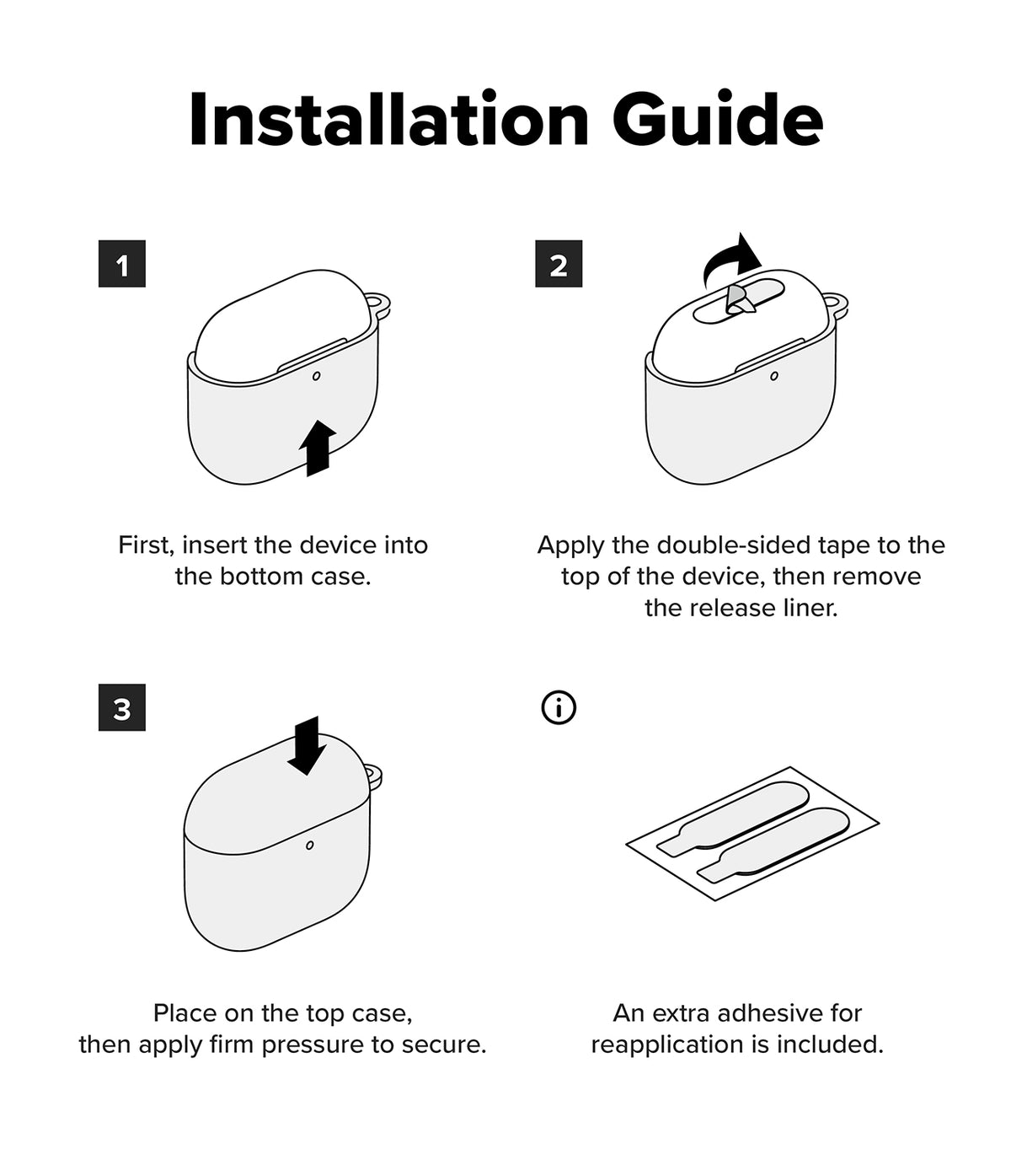 AirPods Pro 3 Case | Onyx Magnetic - Three-step installation guide for AirPods Pro case using adhesive strips.