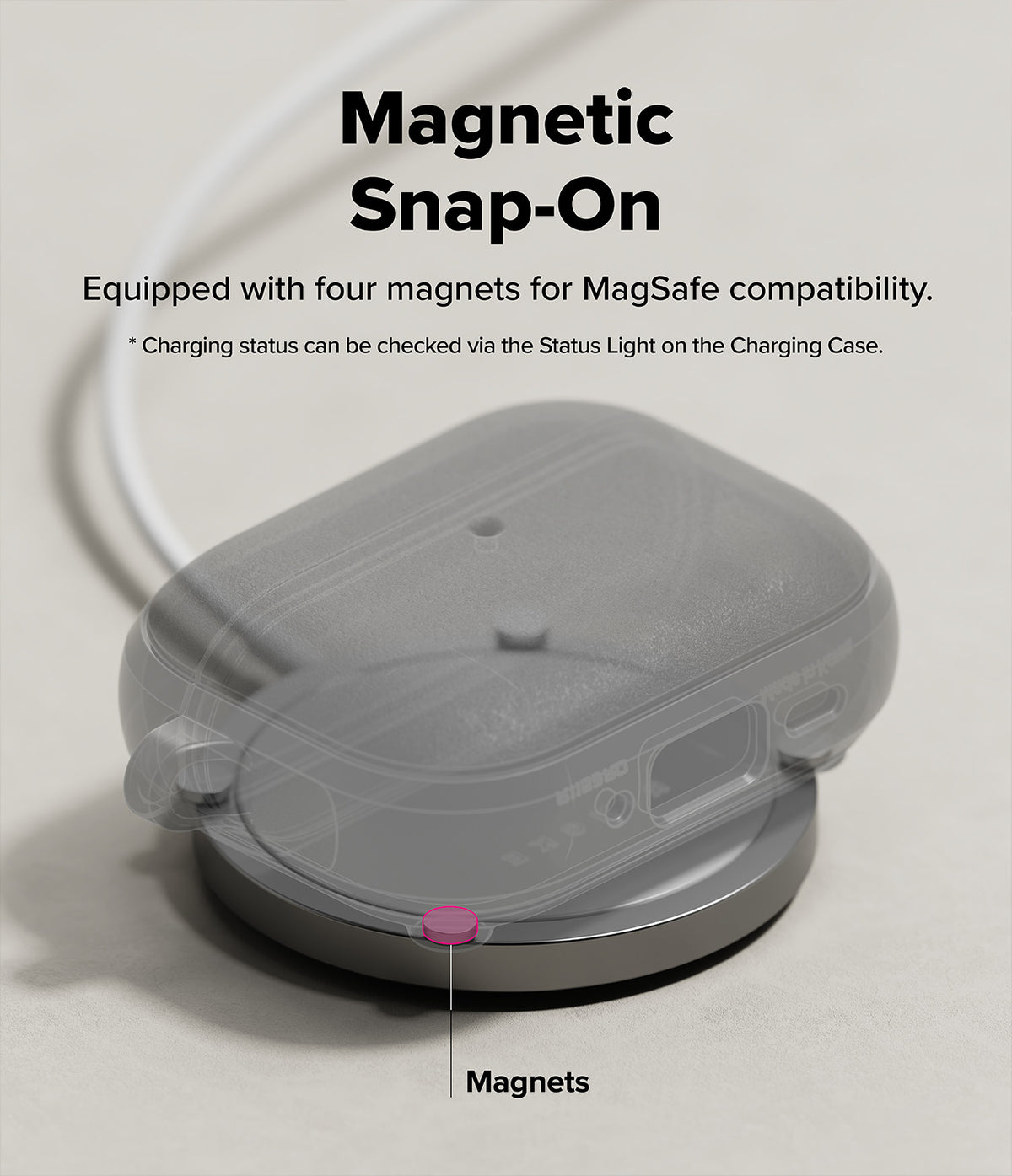 AirPods Pro 3 Case | Onyx Magnetic - Translucent case on a magnetic charger with highlighted magnets and text overlay.
