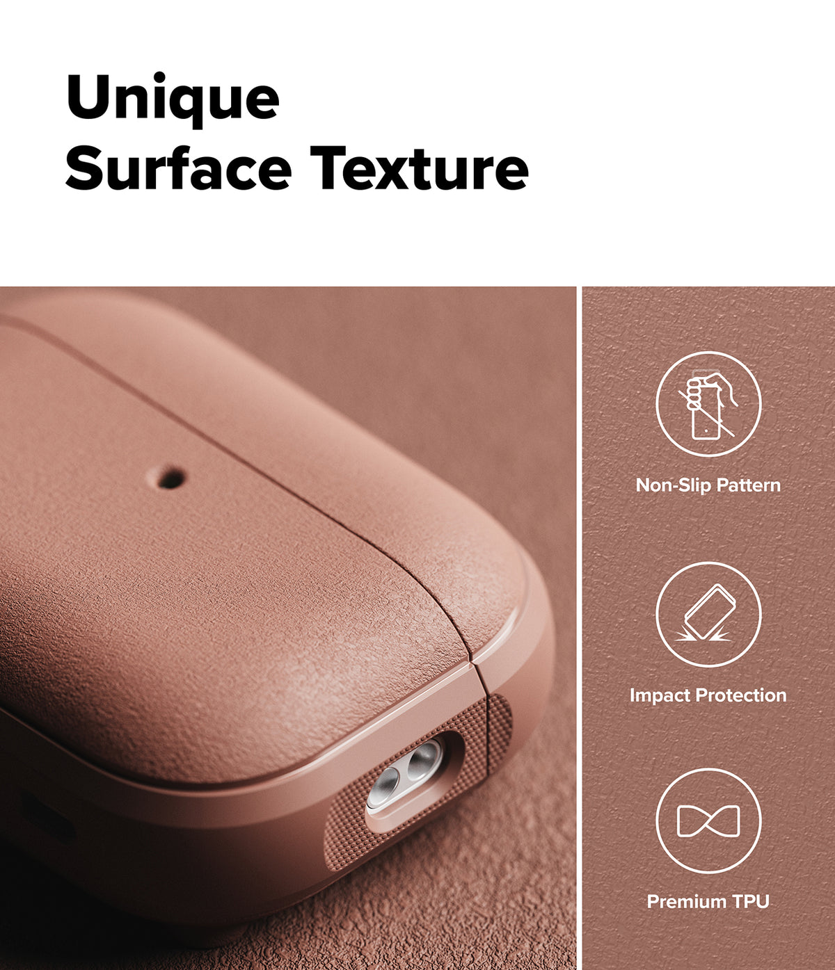 AirPods Pro 3 Case | Onyx Magnetic - Textured brown AirPods case with icons for non-slip, impact protection, and TPU material.