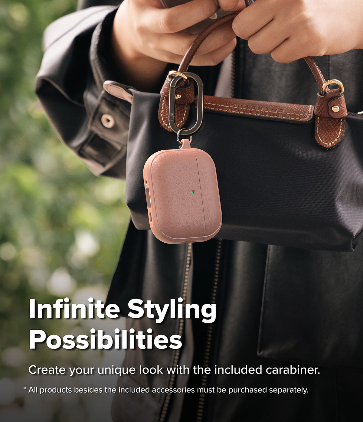 AirPods Pro 3 Case | Onyx Magnetic - A dusty pink AirPods Pro case with a black carabiner attached to a handbag.