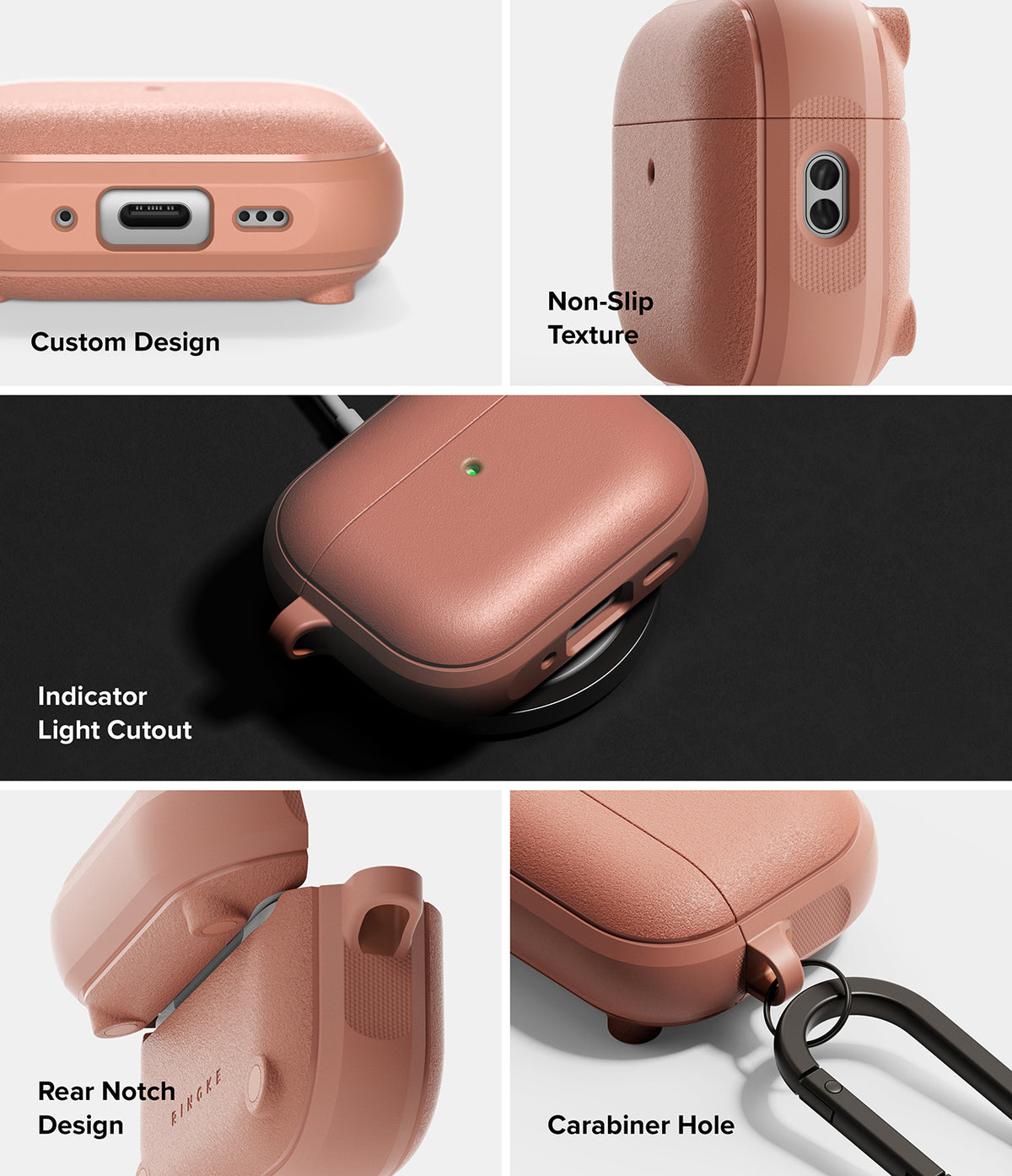AirPods Pro 3 Case | Onyx Magnetic - Collage showing textured coral case features: charging port, grip, light, and carabiner.
