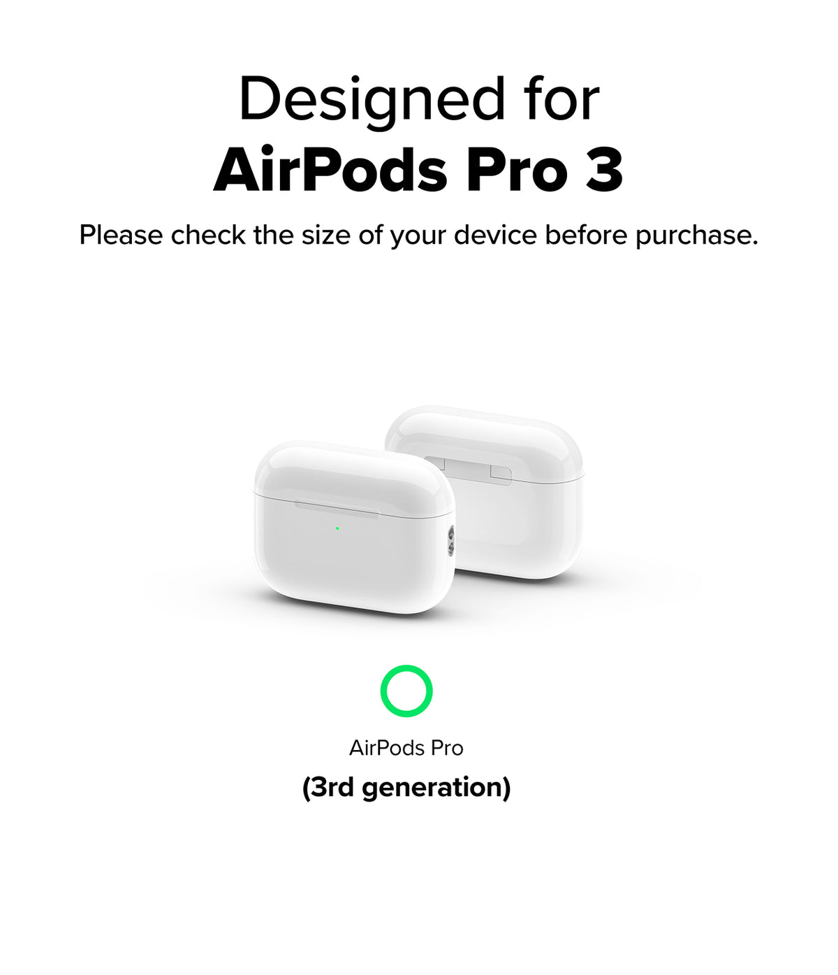 AirPods Pro 3 Case | Onyx Magnetic - Two white AirPods Pro 3 charging cases shown with text confirming compatibility.