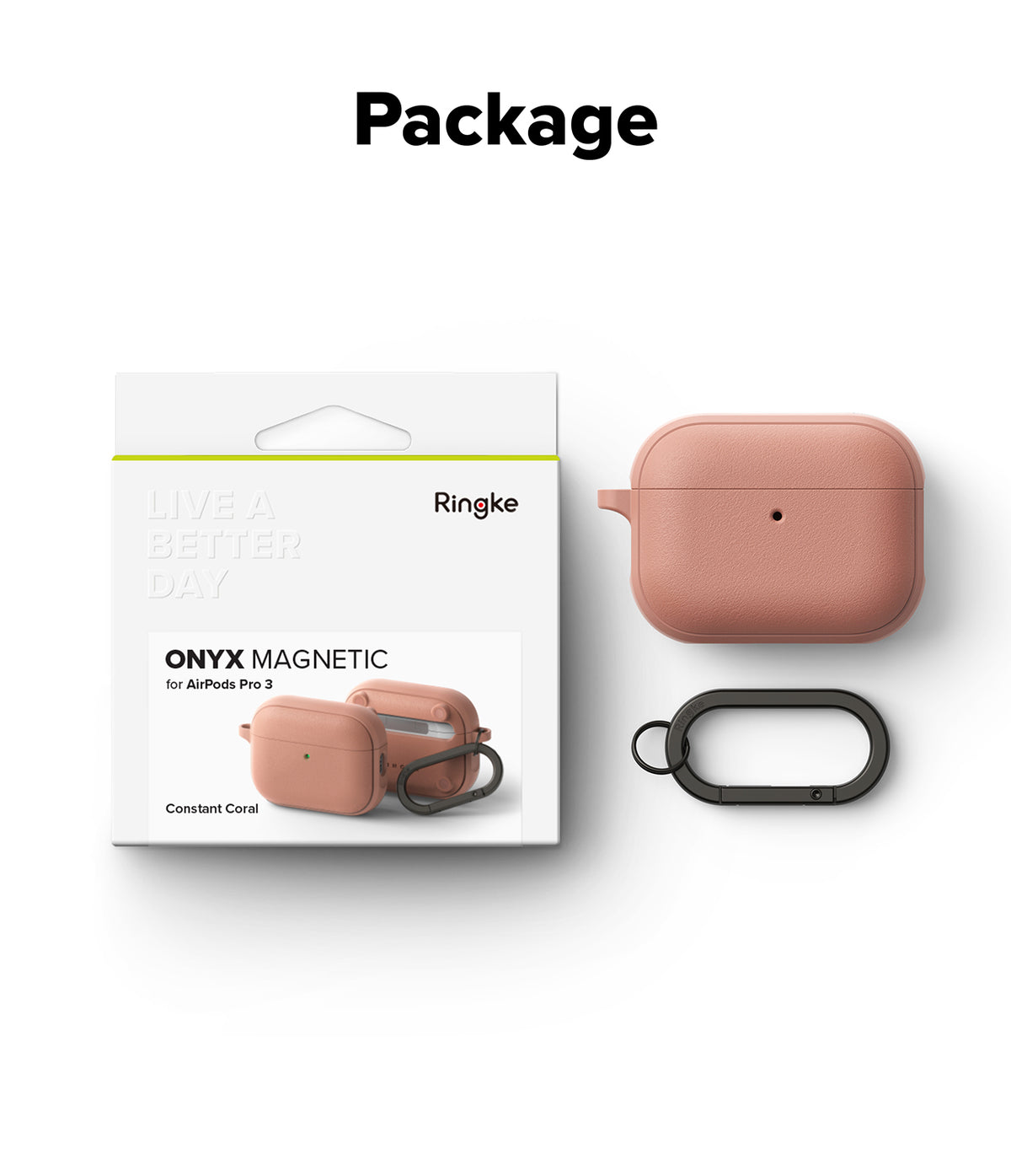 AirPods Pro 3 Case | Onyx Magnetic - Retail packaging, coral pink AirPods Pro 3 case, and a black carabiner on white.