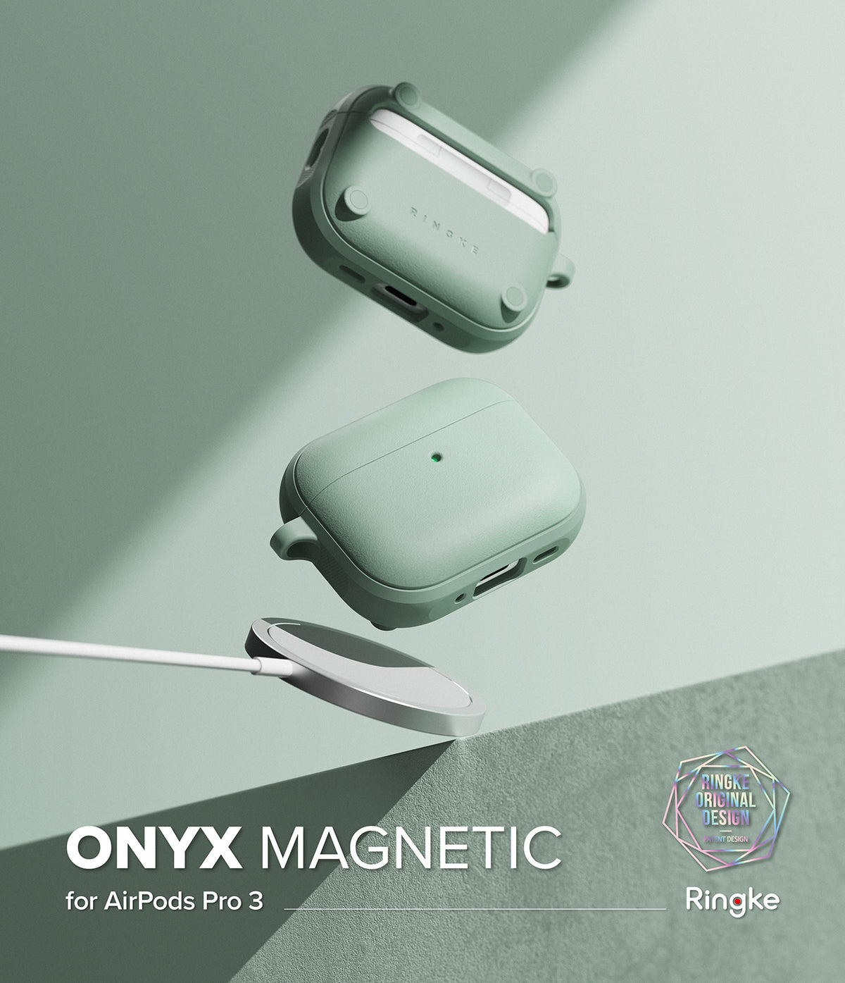 AirPods Pro 3 Case | Onyx Magnetic - Two sage green AirPods Pro cases floating above a magnetic wireless charger.