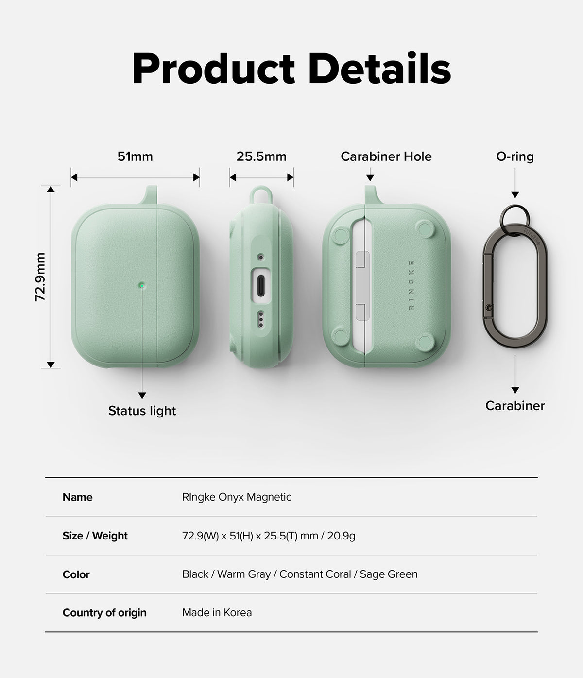 AirPods Pro 3 Case | Onyx Magnetic - Technical diagram showing dimensions and features of a sage green protective case.