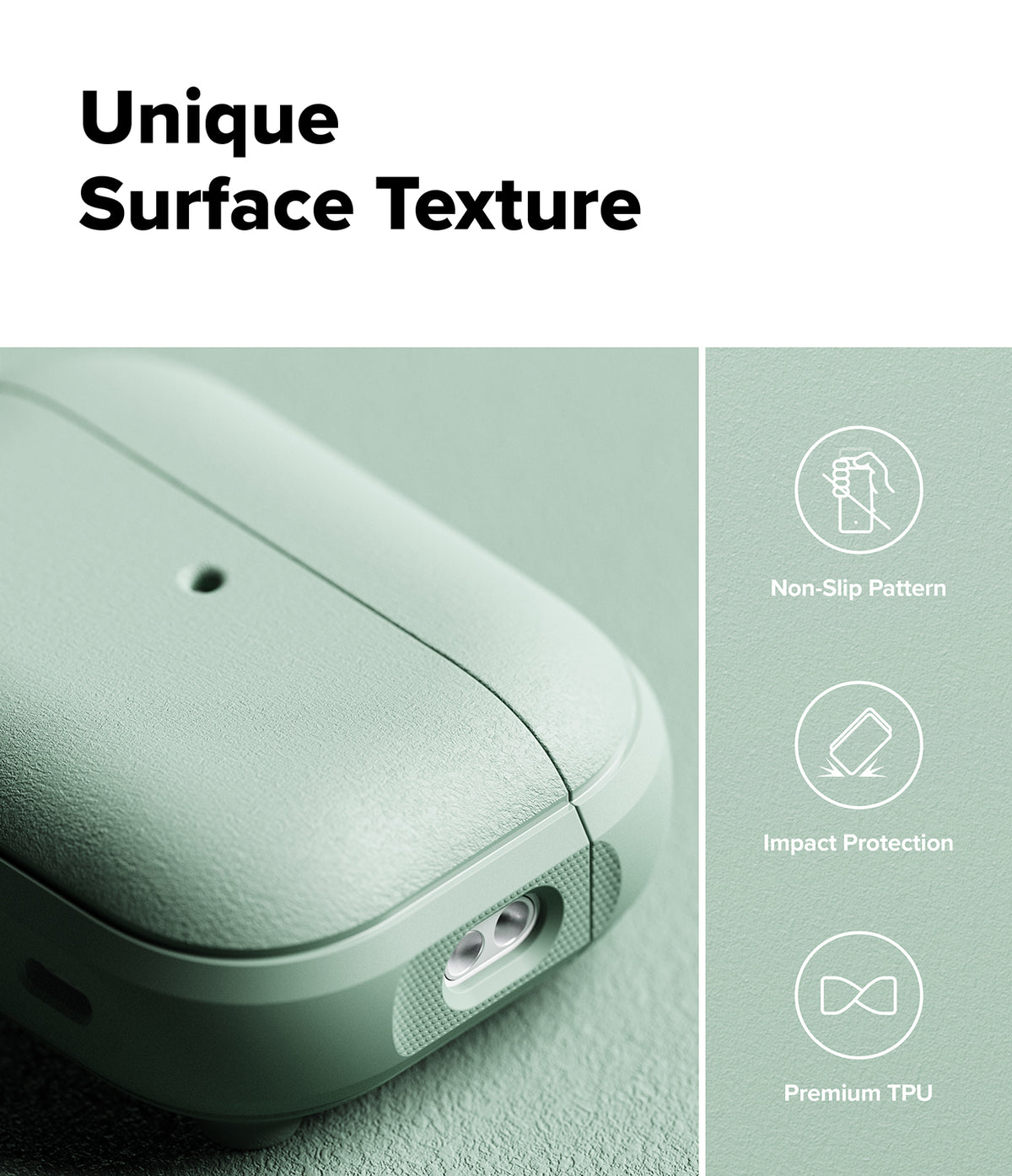 AirPods Pro 3 Case | Onyx Magnetic - Sage green textured case with icons for non-slip, impact protection, and premium TPU.