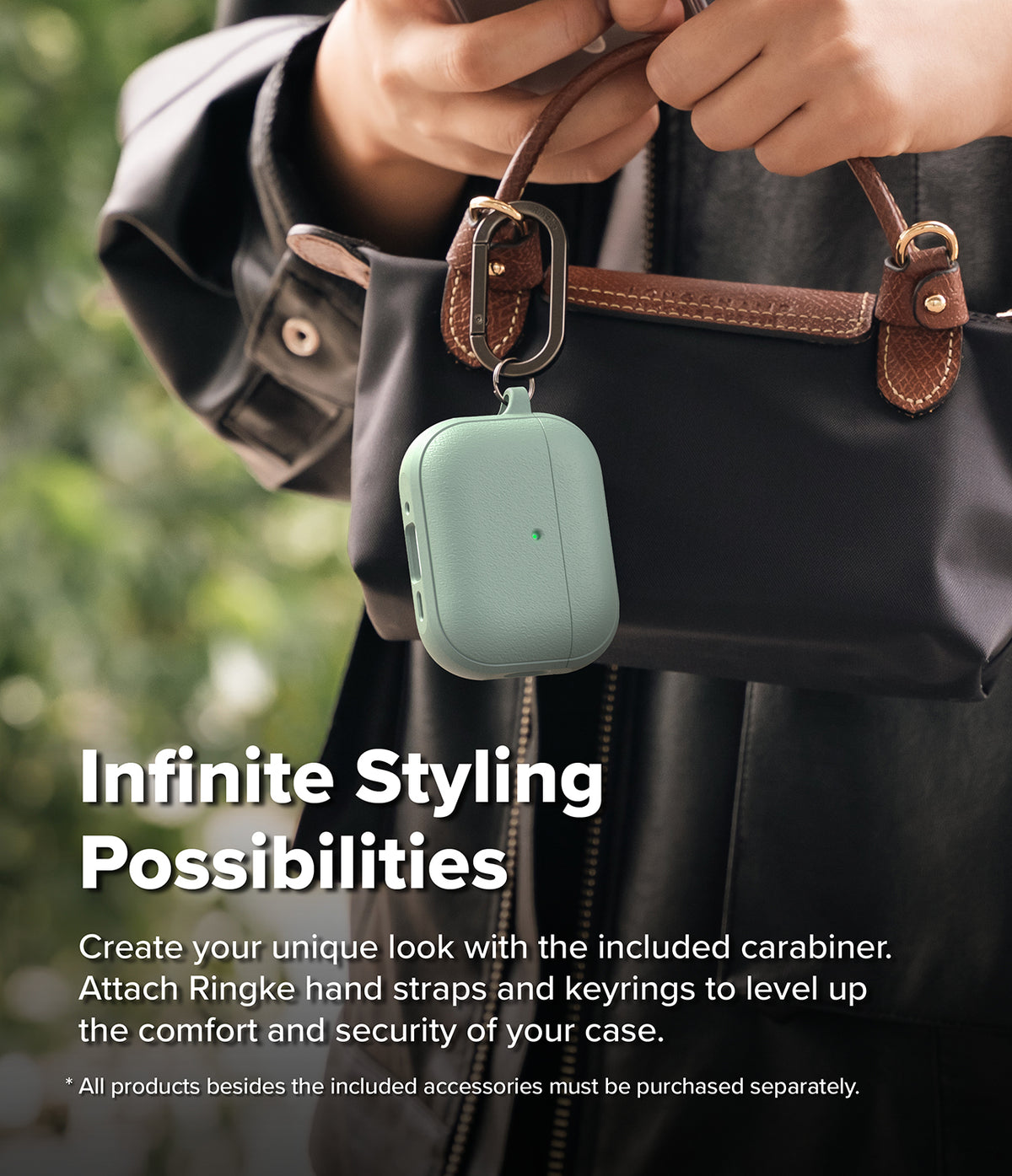 AirPods Pro 3 Case | Onyx Magnetic - Sage green AirPods Pro case with a black carabiner attached to a black handbag.