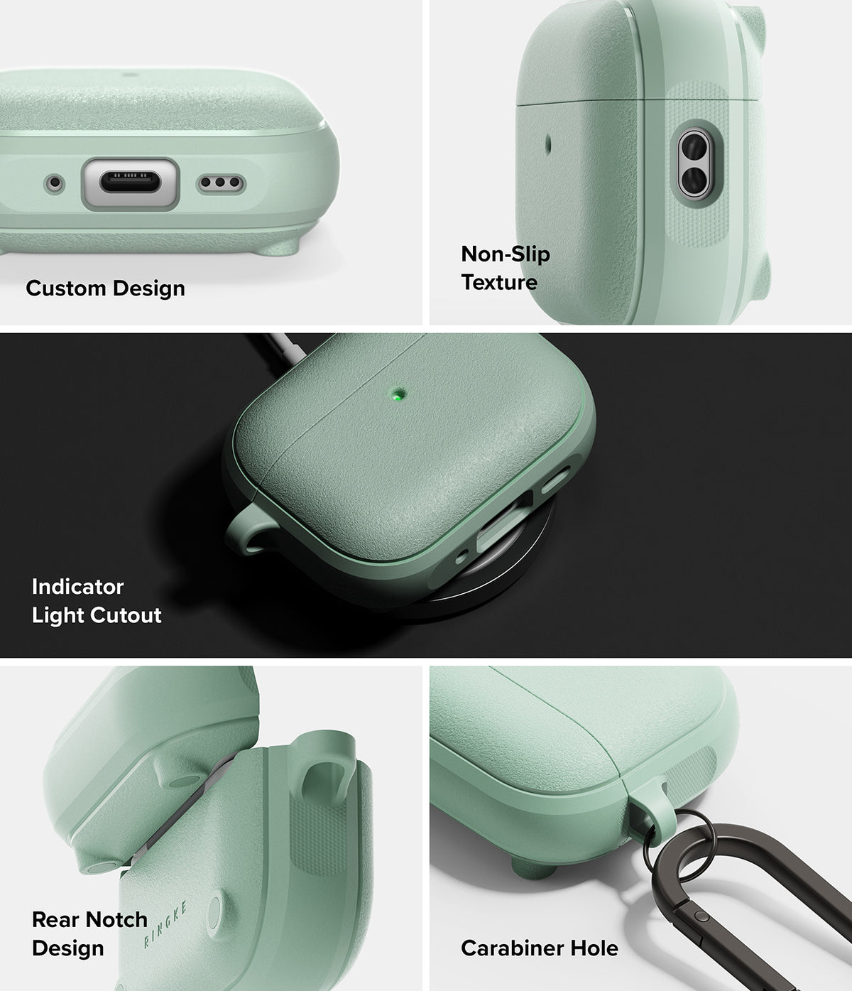AirPods Pro 3 Case | Onyx Magnetic - Sage green textured case showing charging port, lanyard hole, and carabiner clip.