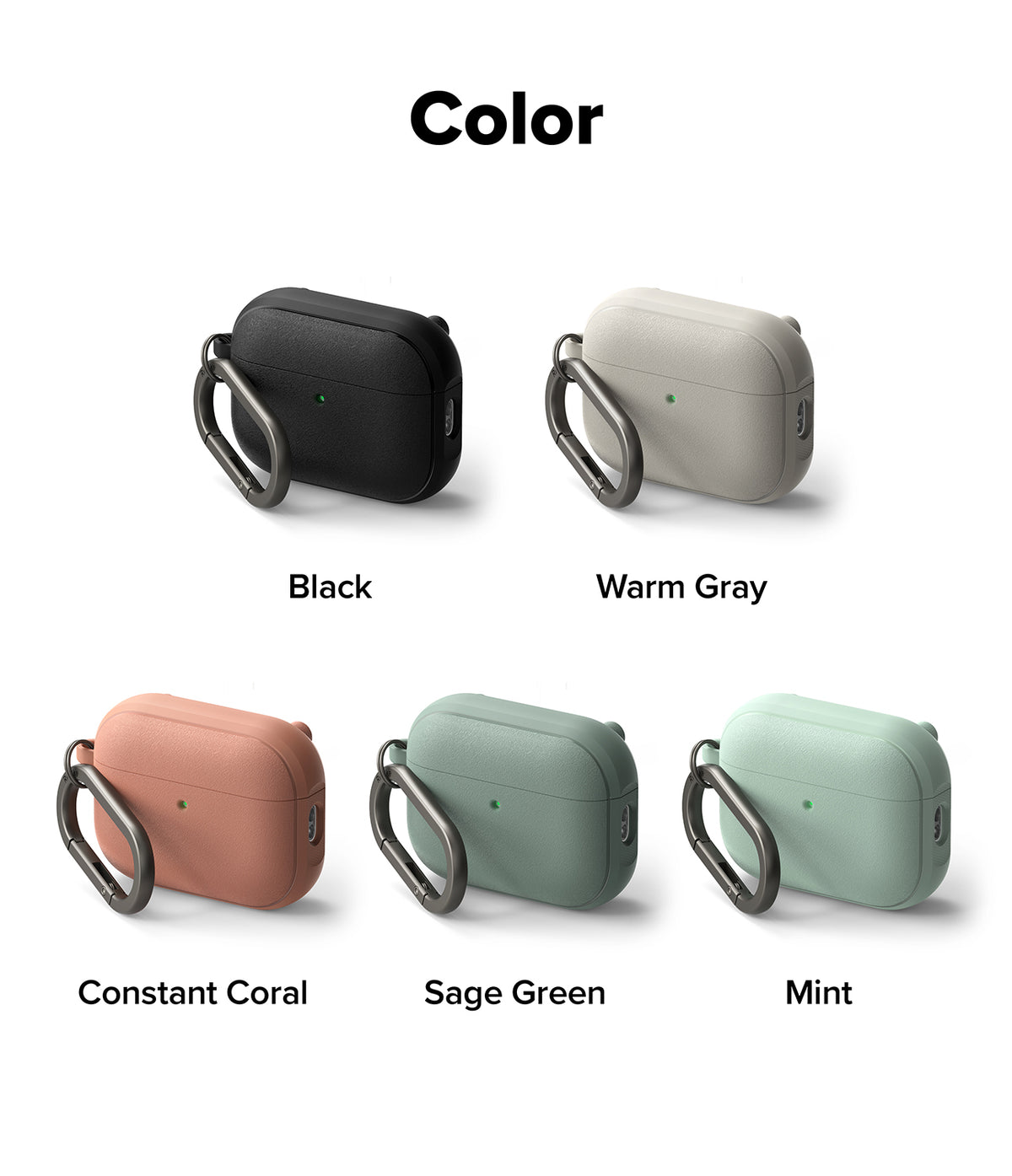 AirPods Pro 3 Case | Onyx Magnetic - Five textured AirPods Pro 3 cases with carabiners in black, gray, coral, sage, and mint.