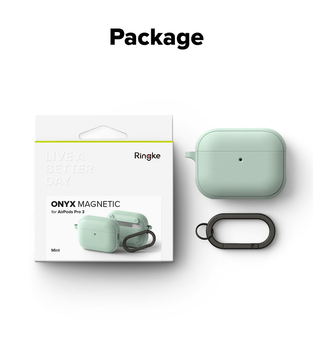 AirPods Pro 3 Case | Onyx Magnetic - Mint green AirPods Pro 3 case, black carabiner, and retail packaging box.