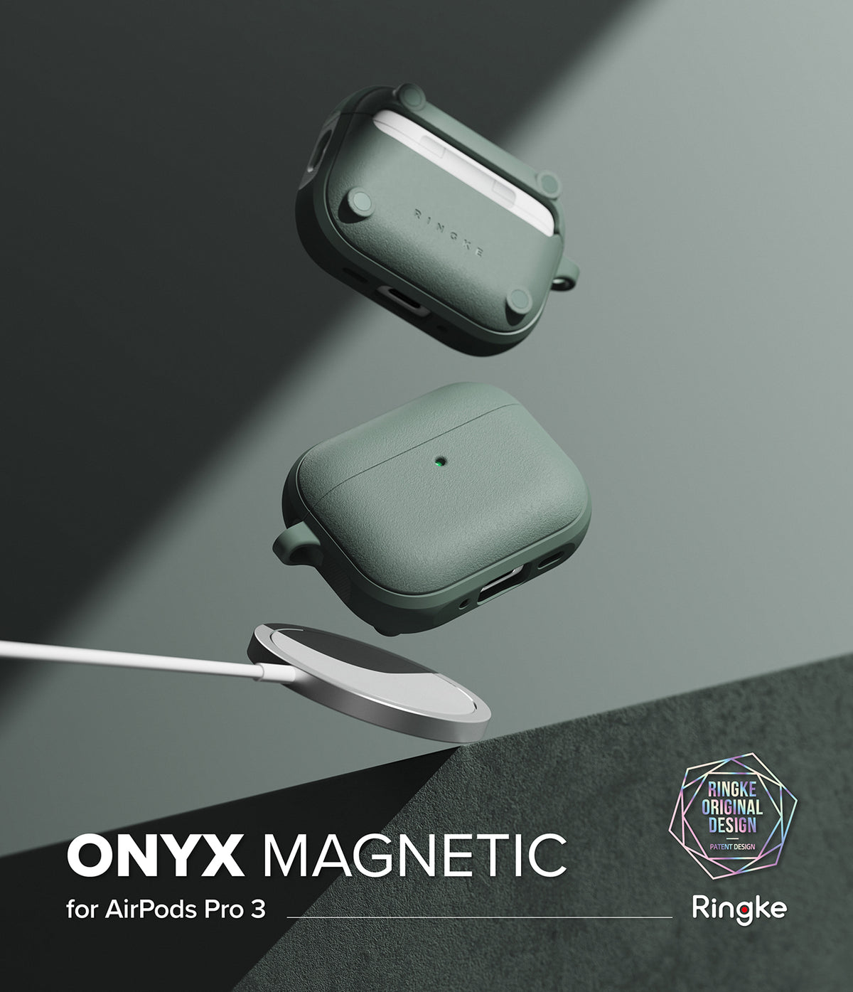 AirPods Pro 3 Case | Onyx Magnetic - Two sage green AirPods Pro 3 cases floating above a magnetic wireless charger.