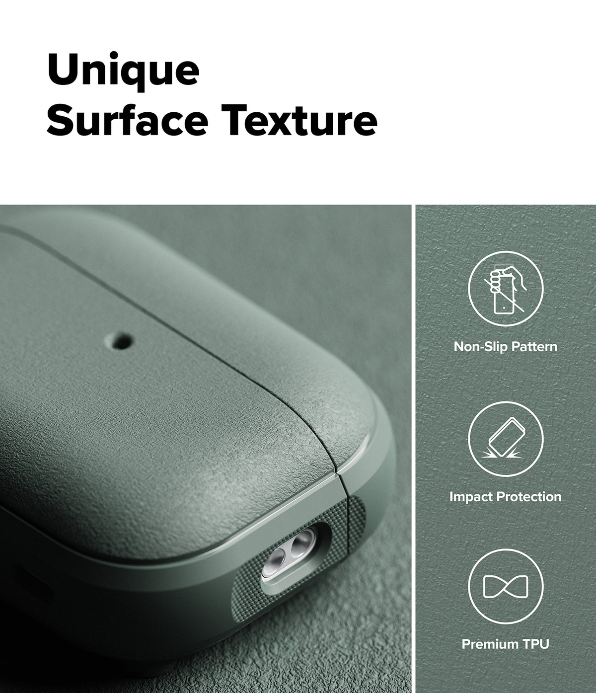 AirPods Pro 3 Case | Onyx Magnetic - Textured green AirPods Pro case with icons for non-slip, impact protection, and TPU.