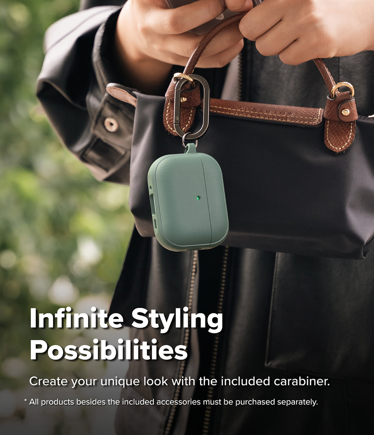 AirPods Pro 3 Case | Onyx Magnetic - Sage green AirPods Pro case with a black carabiner attached to a handbag.