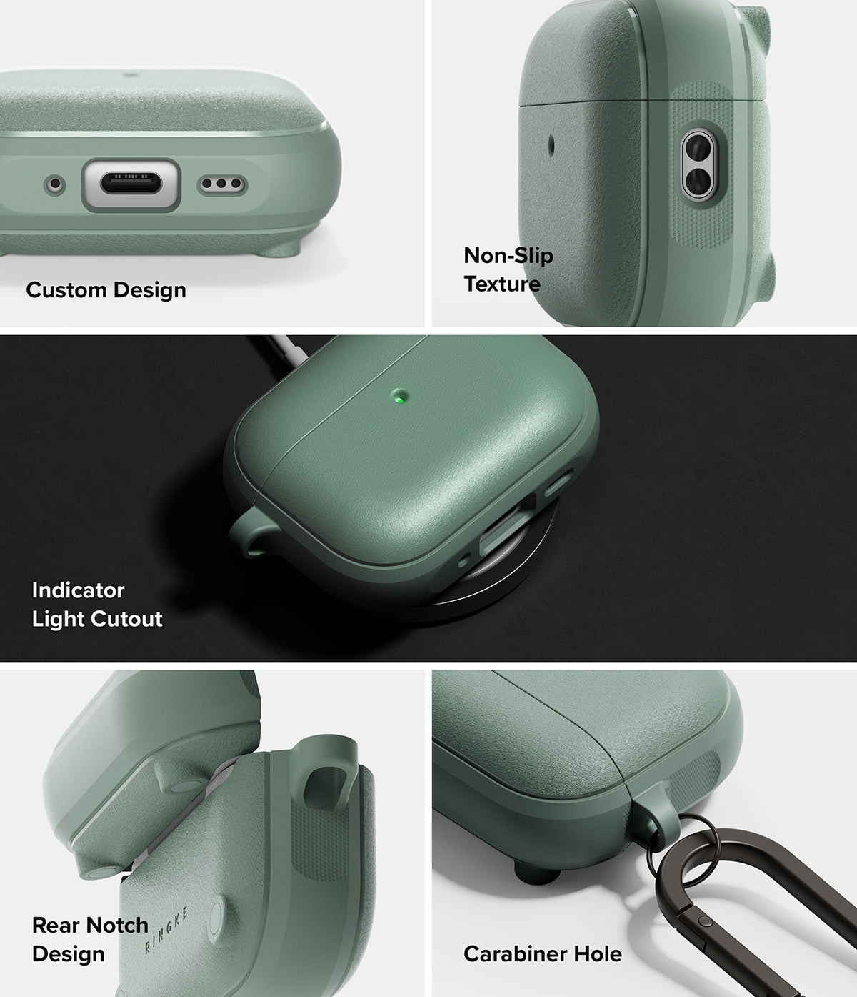 AirPods Pro 3 Case | Onyx Magnetic - Sage green case showing charging port, textured grip, LED cutout, and carabiner hole.