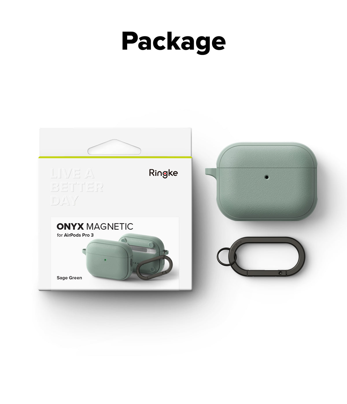 AirPods Pro 3 Case | Onyx Magnetic - Sage green AirPods Pro 3 case, black carabiner, and retail packaging box.