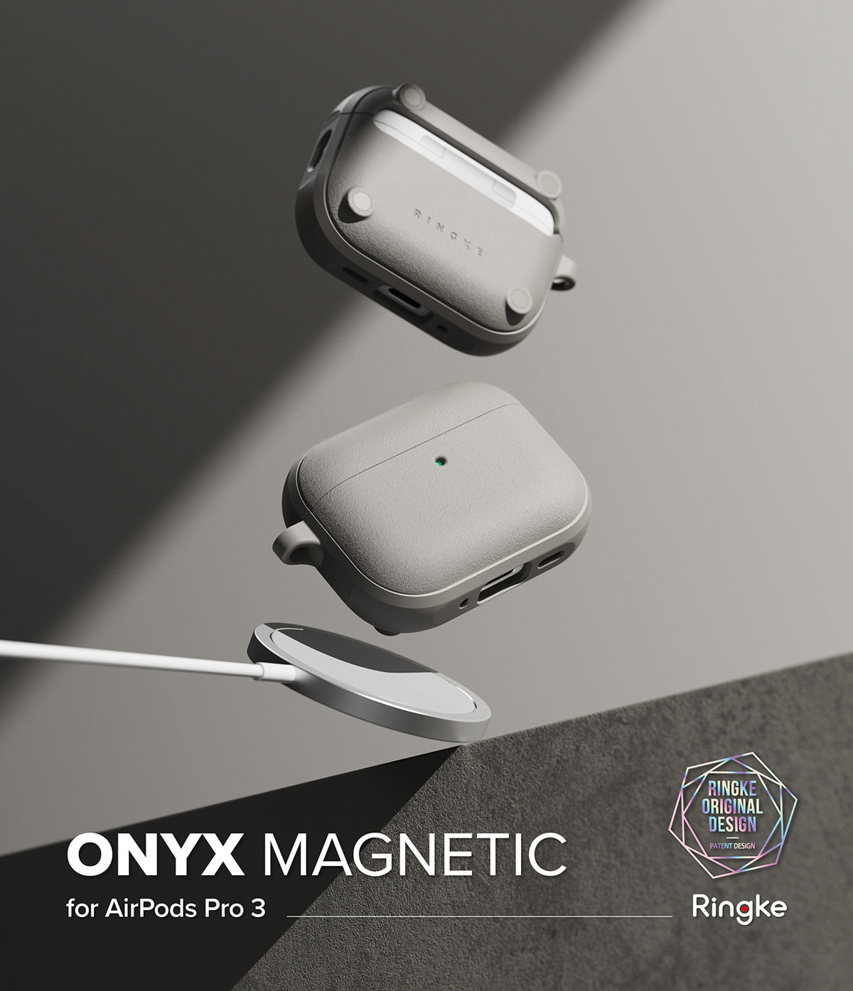 AirPods Pro 3 Case | Onyx Magnetic - Two grey textured AirPods Pro cases floating above a magnetic wireless charger.