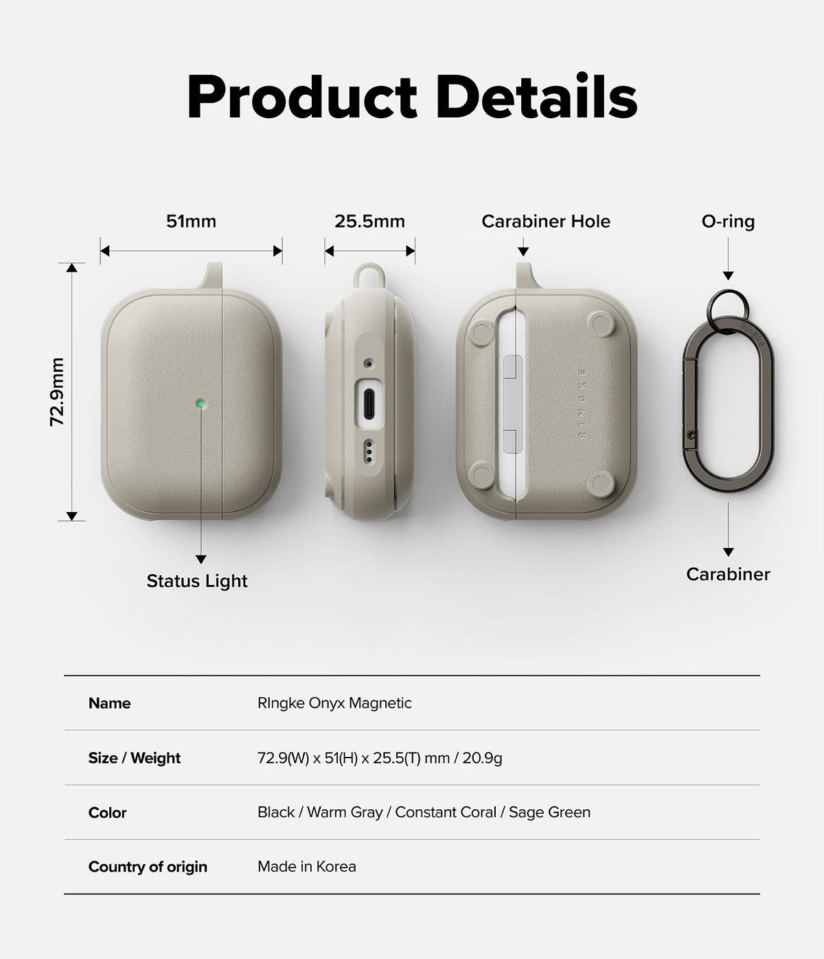 AirPods Pro 3 Case | Onyx Magnetic - Technical diagram showing dimensions, features, and specs of the gray protective case.