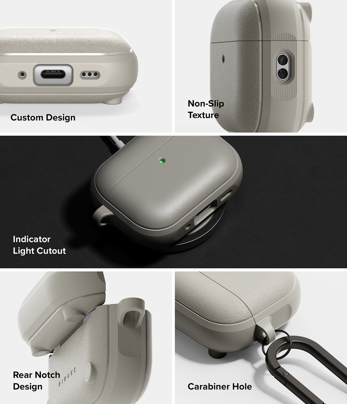 AirPods Pro 3 Case | Onyx Magnetic - Collage showing case features: charging port, non-slip texture, indicator light, hinge, and carabiner hole.